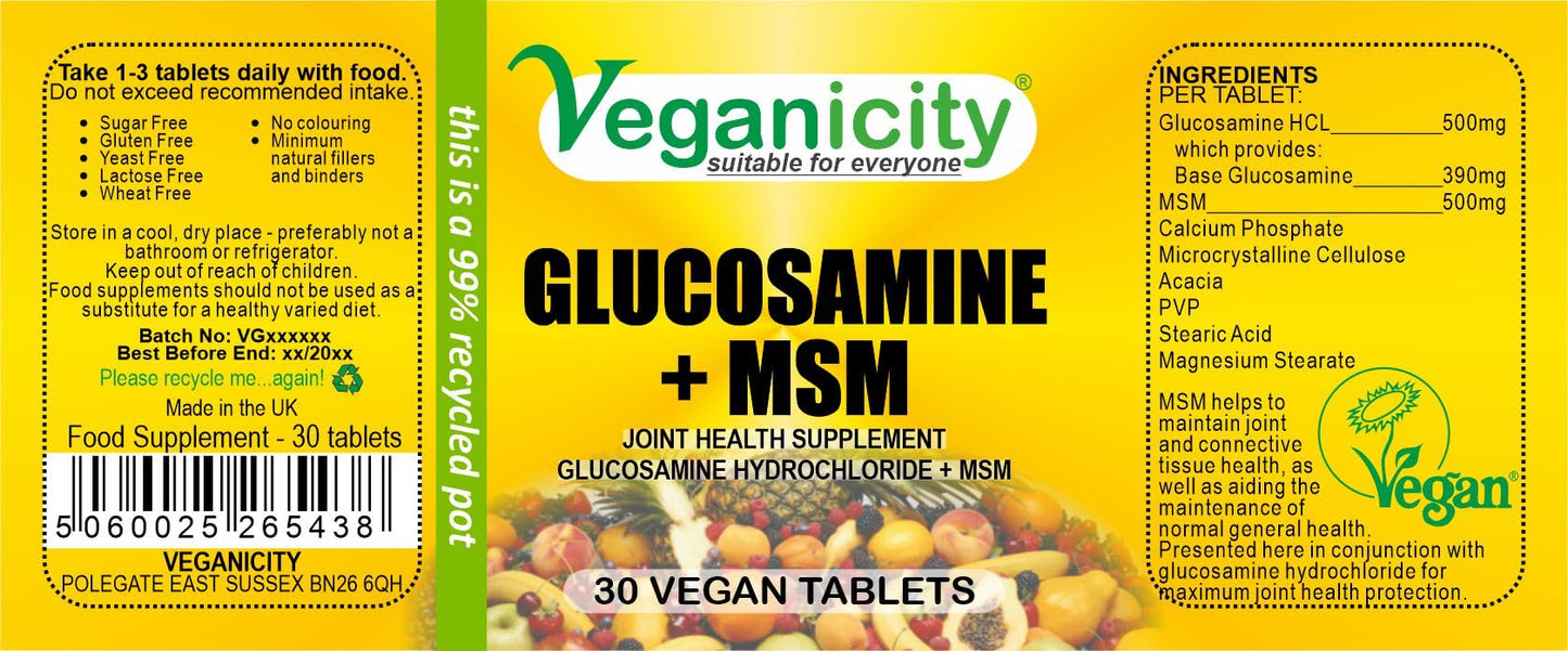 Veganicity Glucosamine HCL + MSM : Joint Health Combination : 30 Tablets, in a Planet-Friendly 99% Recycled Pot