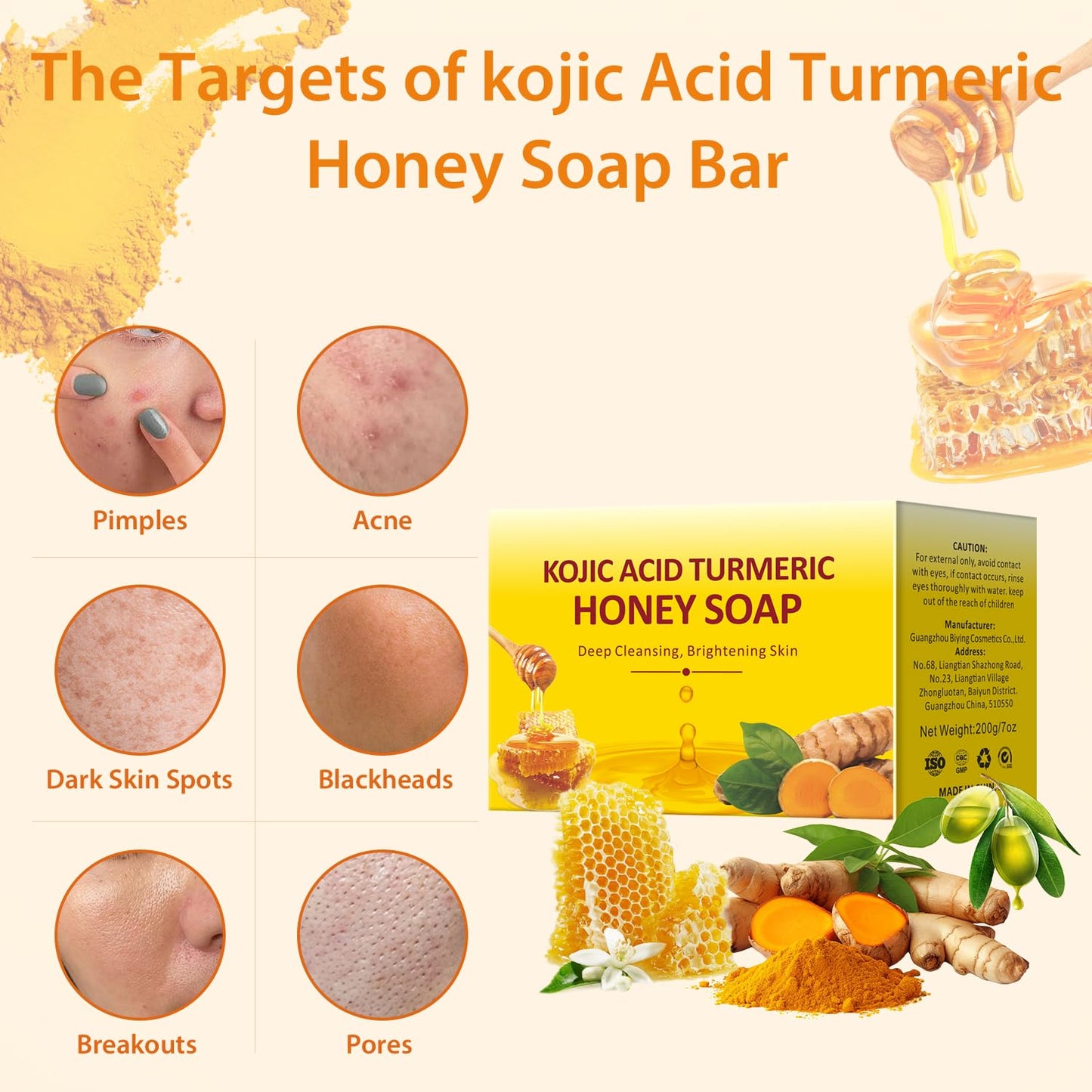 IREV Kojic Acid Turmeric Soap with Honey For Face and Body, Kojic Acid Soap For Dark Spot, GlowingTurmeric Soap Bar for Acne Face Soap Bar For Cleansing Exfoliating Daily Face Wash 200g