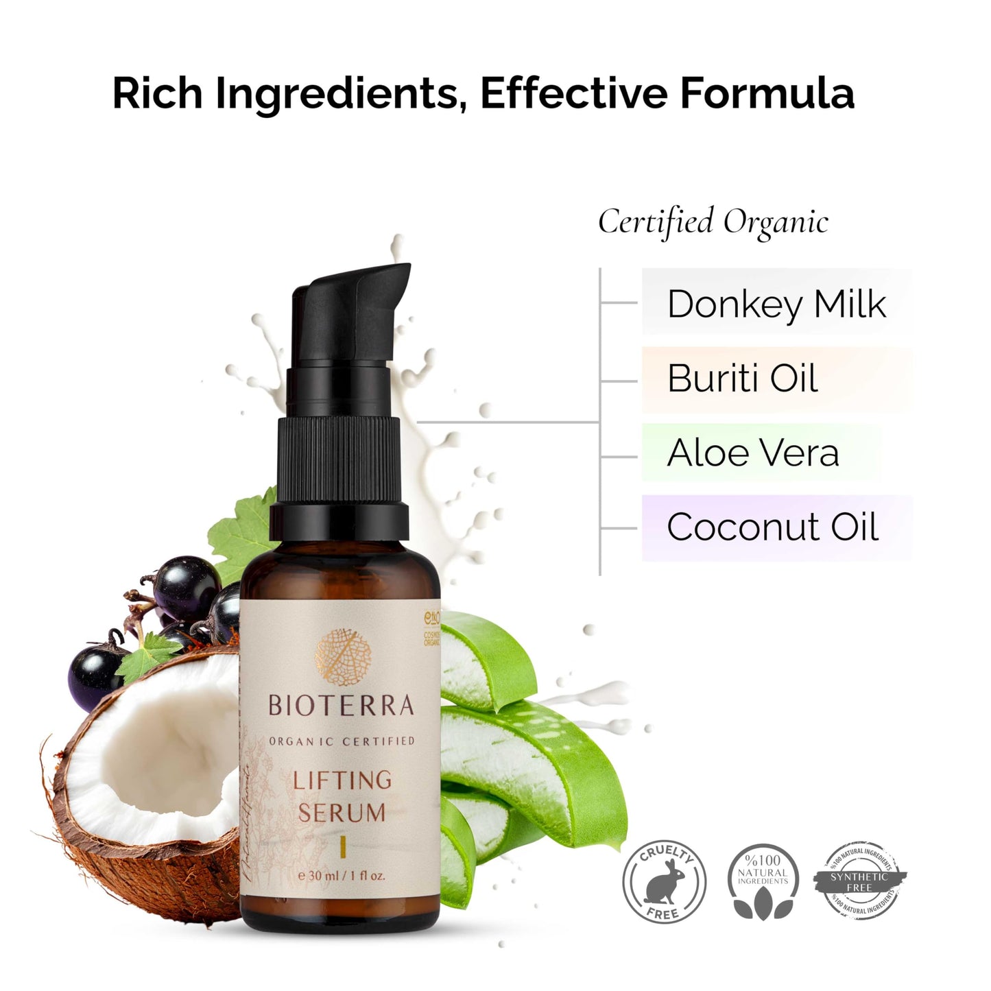 Bioterra Organic Lifting Serum, Rejuvenation & Antioxidants, Natural Face Moisturiser for Skin Glow, 30ml