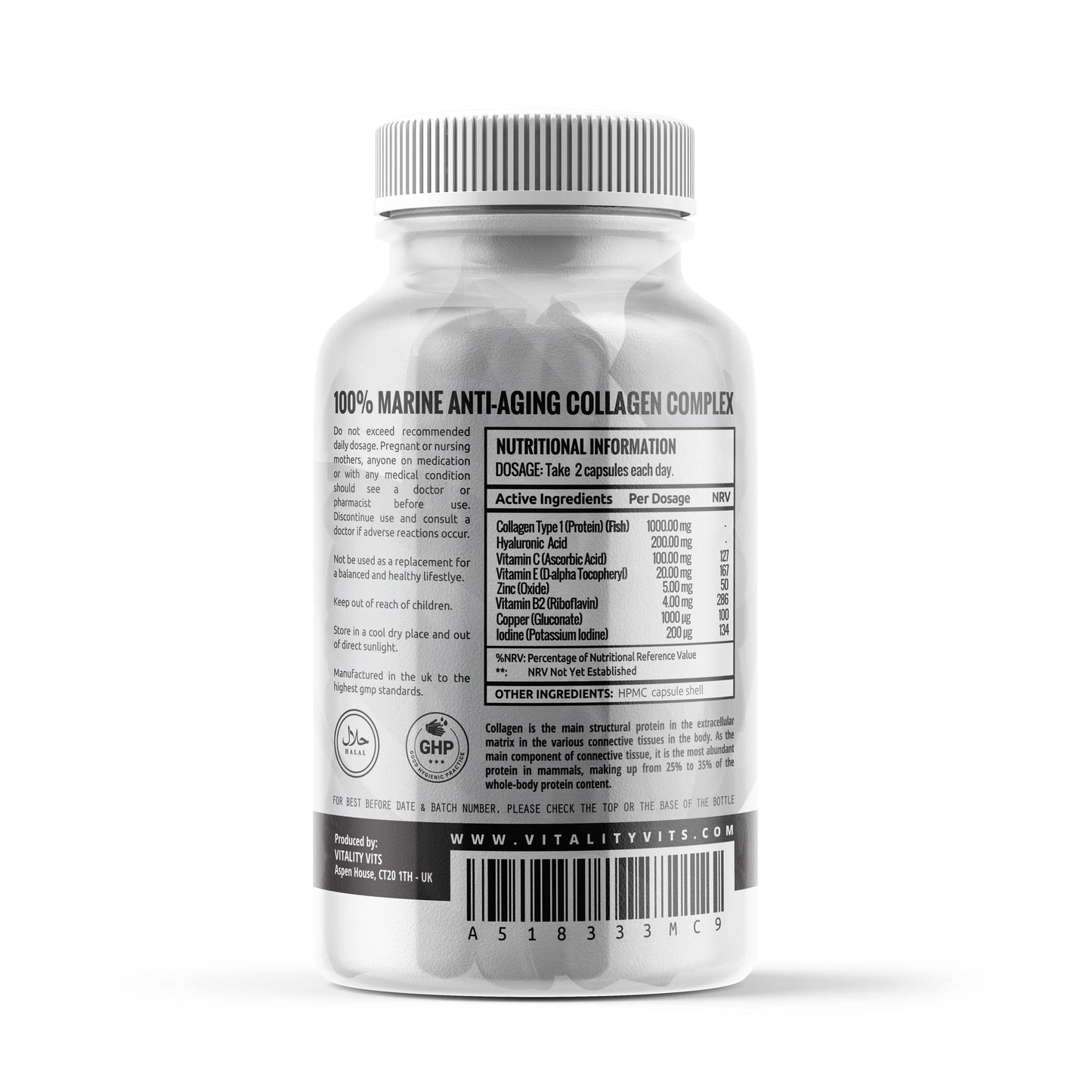VITALITYVITS Marine Collagen Complex - High Strength Capsules for Hair, Skin, Nails & Joint Support - Vitamins B2 C & E