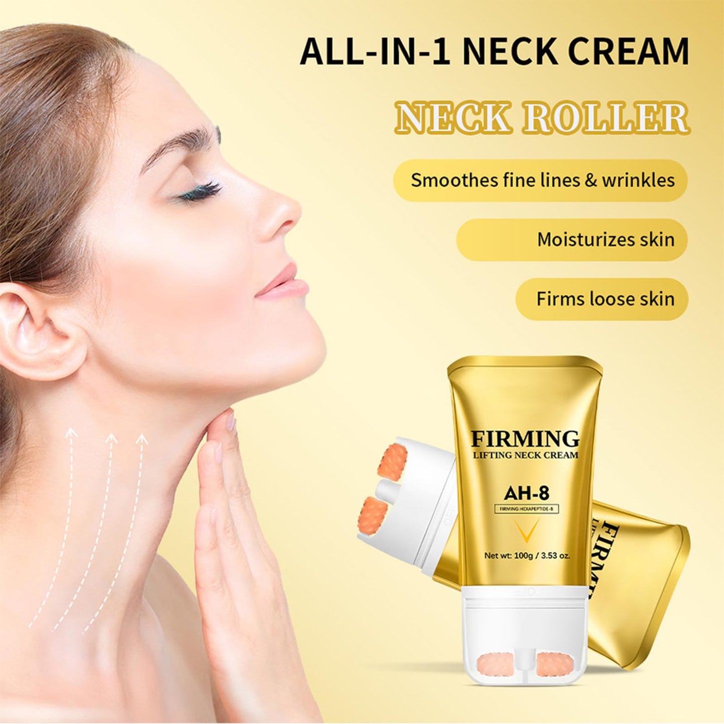 AH-8 Firming Neck Cream, Neck Firming Cream With Roller, Neck-Roller For Saggy Skin - Anti-Wrinkle & Hydrating Treatment For Smooth, Youthful Skin