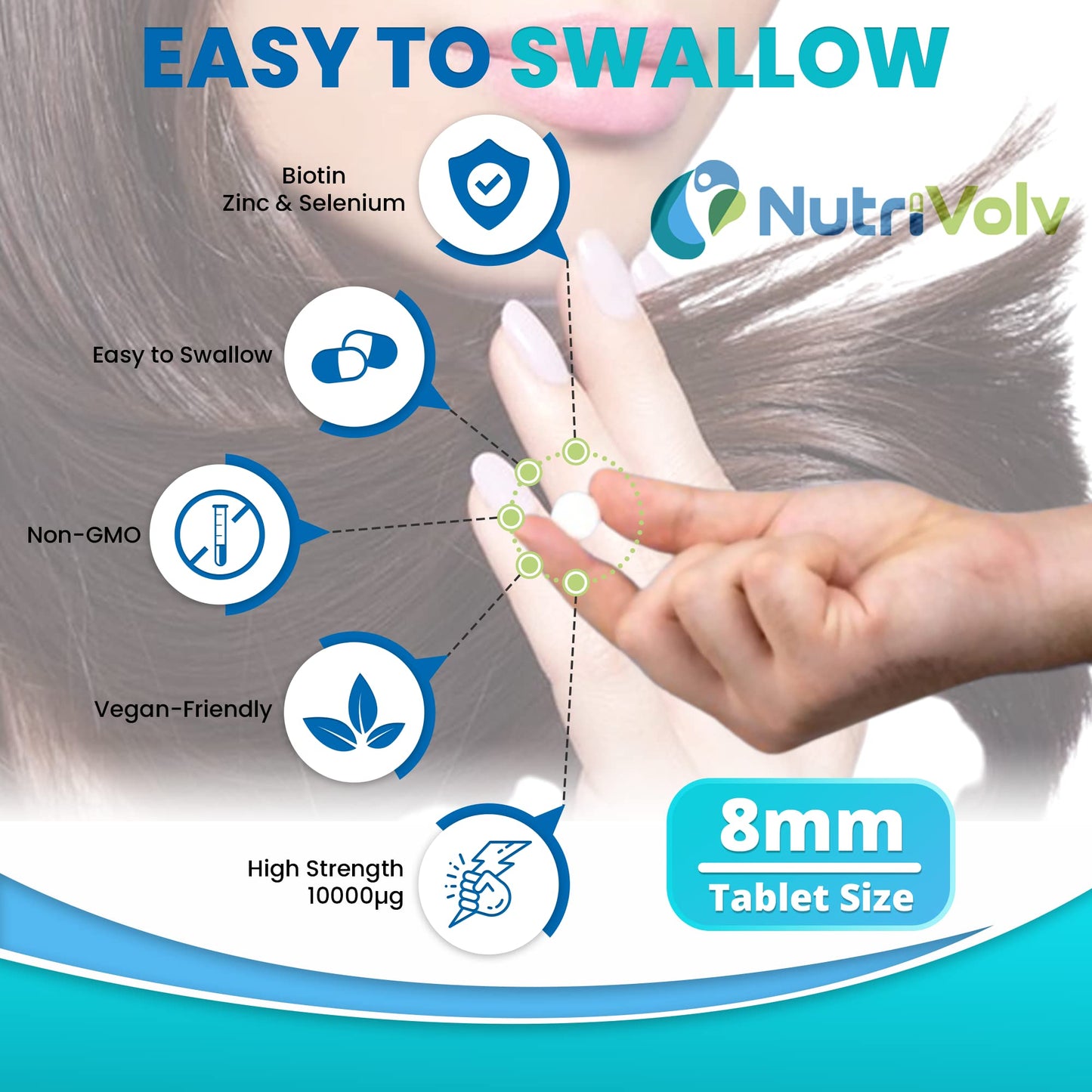 Nutrivolv Biotin Hair Growth - Zinc & Selenium - 180 Tablets - 10000ยตg - Hair Skin & Nails
