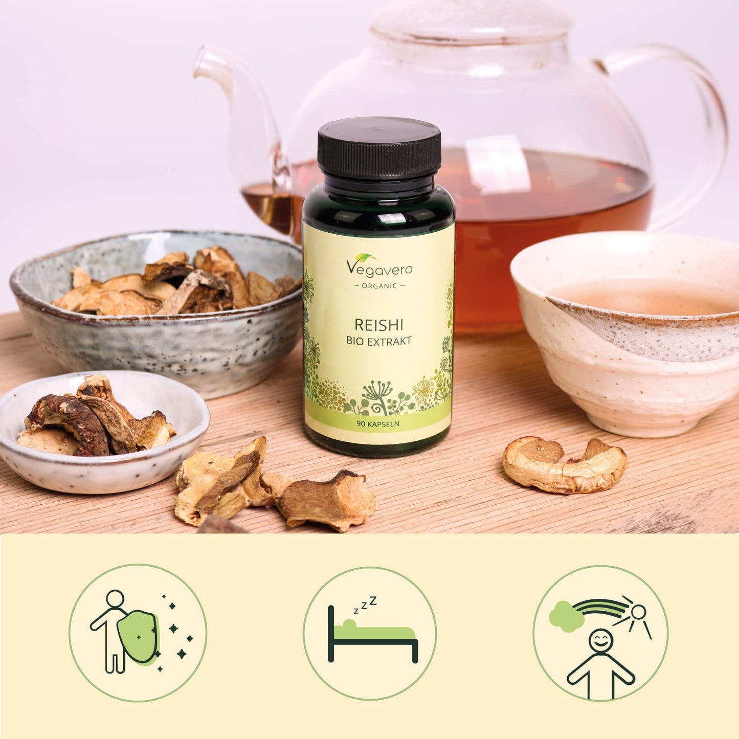 Organic Reishi Extract Vegavero® | 8400mg (14:1) Ganoderma Lucidum | with Polysaccharides & Beta Glucans | Mushroom Extract Powder | 90 Capsules | Vegan