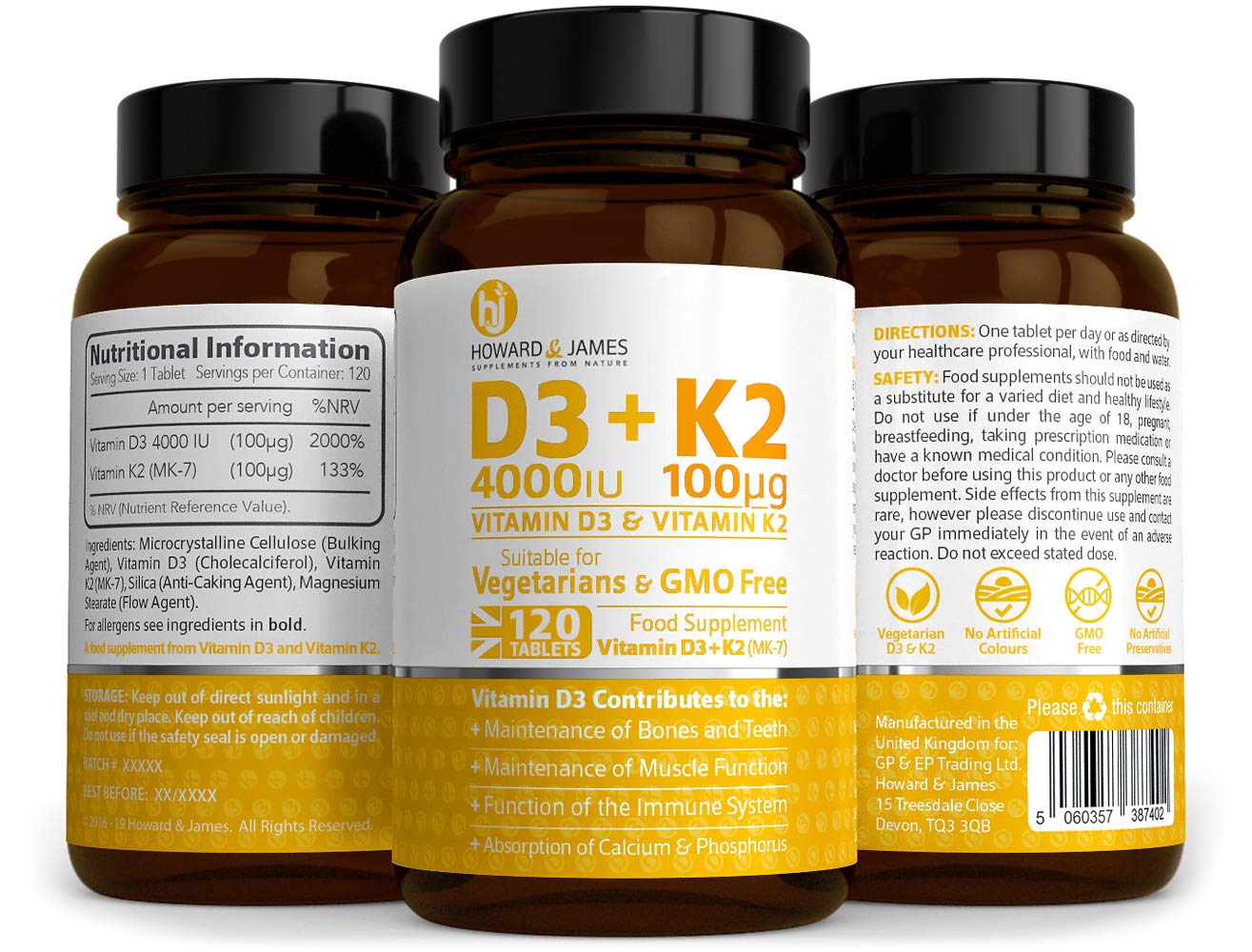 HOWARD & JAMES Vitamin D3 4000iu Plus Vitamin K2 100ug 120 High Strength Vegetarian Tablets