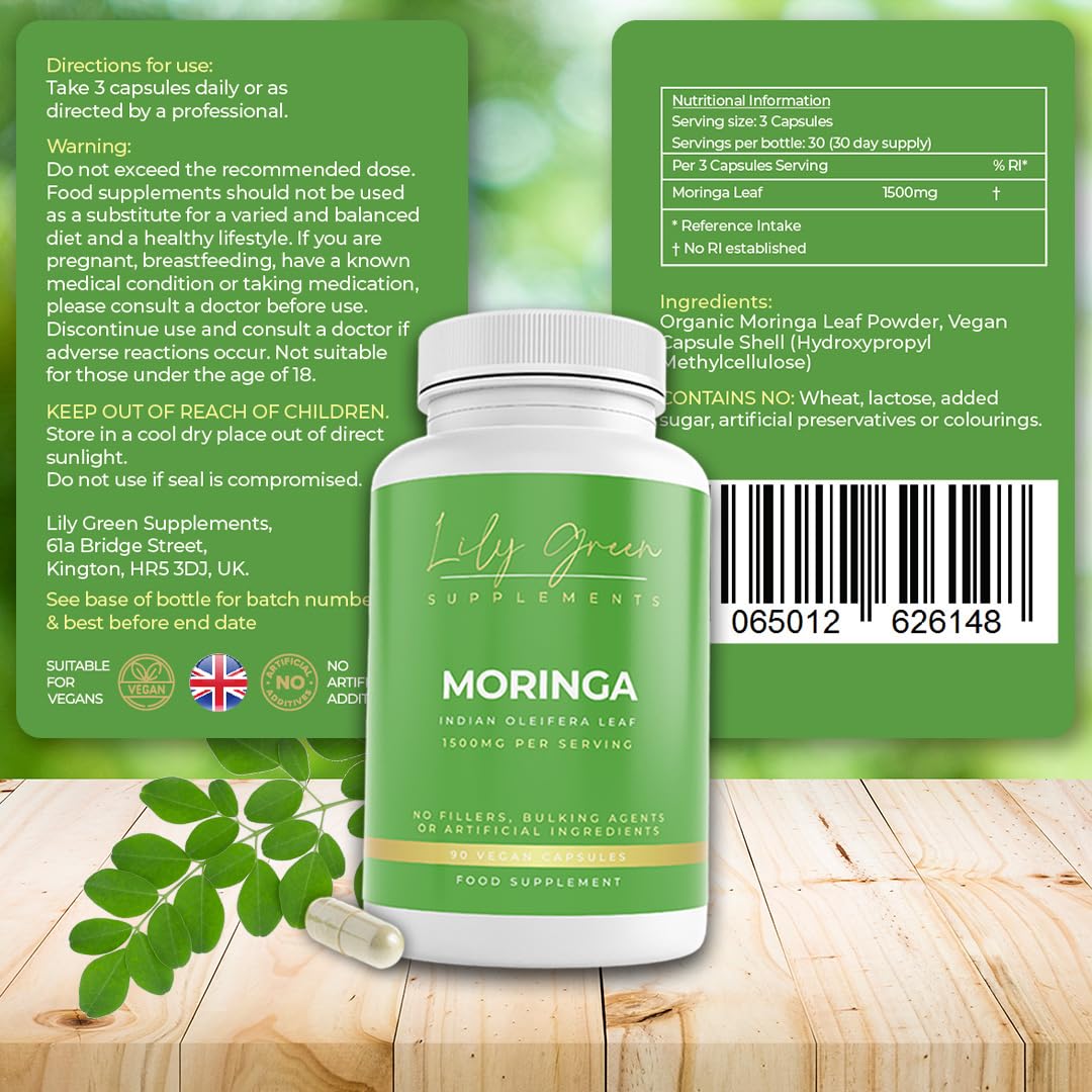 Lily Green Supplements Lily Green Organic Moringa Capsules | High Strength Pure Moringa Supplement | No Artificial Additives | 90 Vegan Capsules | Made in UK