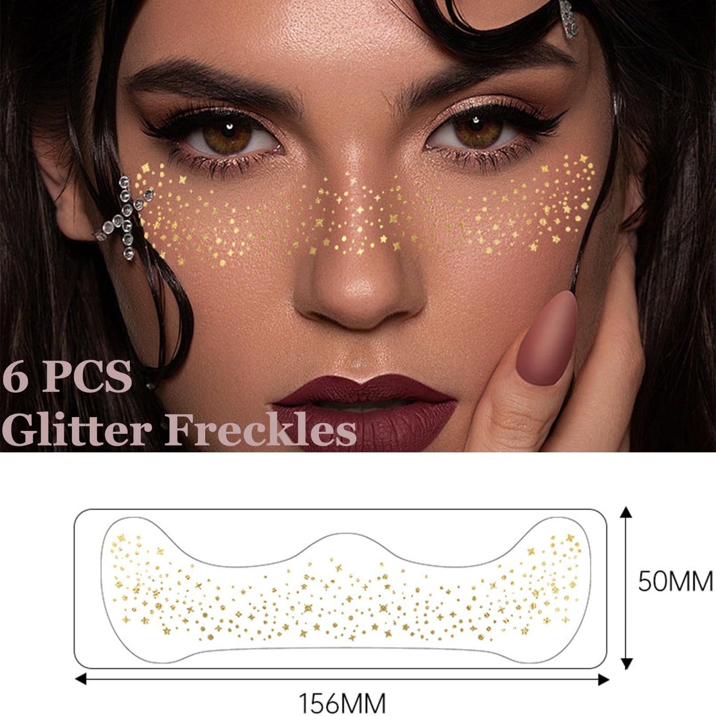 MEITREND Glitter Freckles Face Tattoo,6PCS Gold Glitter Freckles,Sparkle Makeup Patches Face Glitter Tattoo Festival Essentials Waterproof Temporary MakeupTattoo for Women