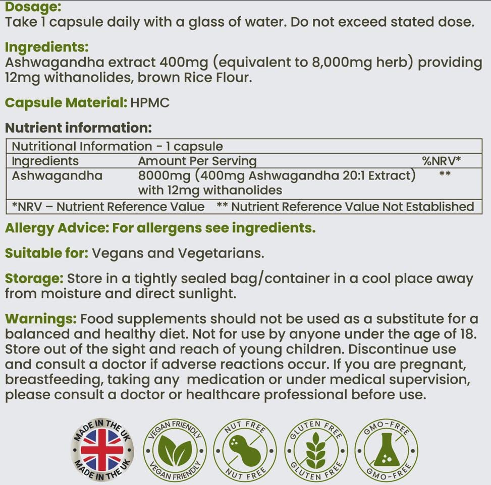 Vitmad Ashwagandha 8000mg, Pure High Strength Ashwagandha Root Extract Withanolides, Mood, Stress, Anxiety, 90 Vegan Capsules