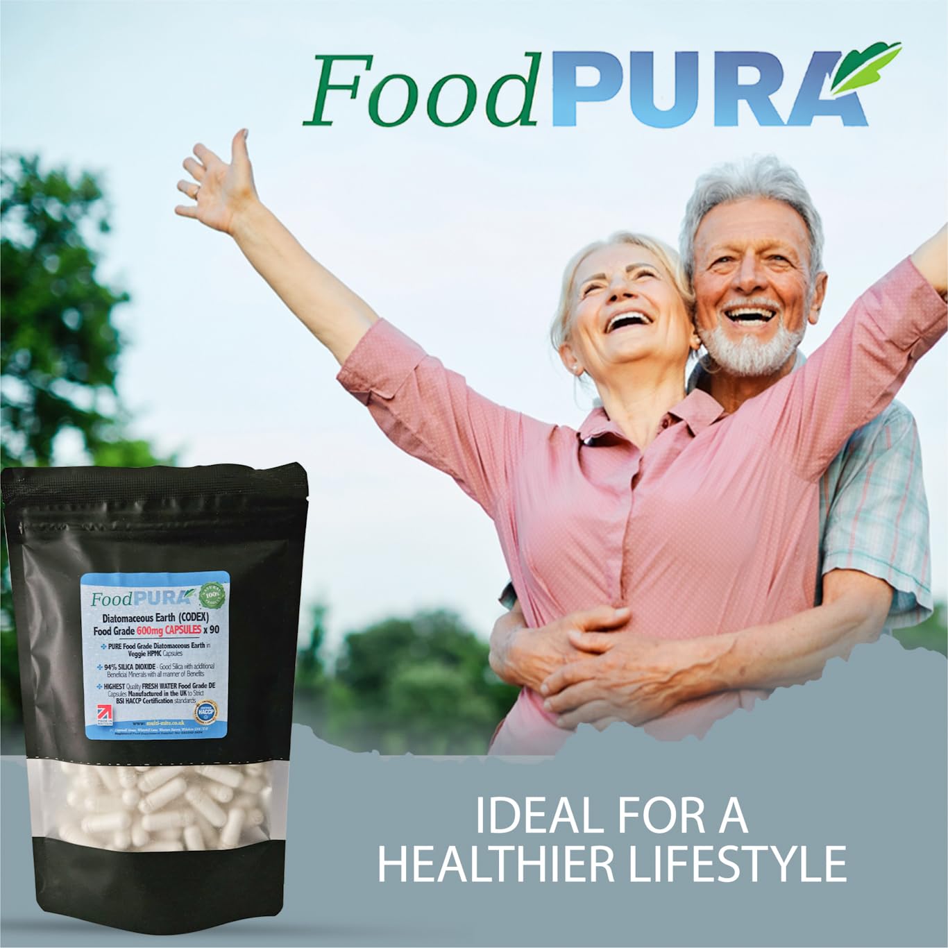 FoodPURA Food Grade Diatomaceous Earth Capsules (Codex) Pure White 94% Silica Fresh Water Sourced 600mg (90)