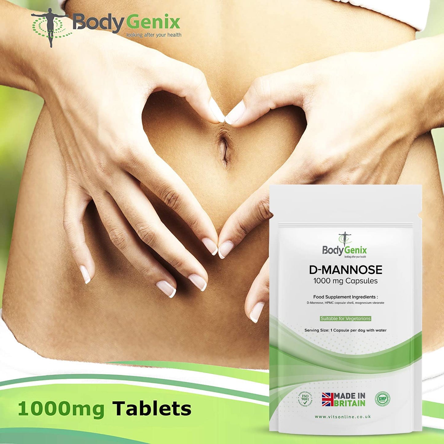 Bodygenix D-Mannose 1000mg Capsules High Strength UTI Treatment Immune System Support Vegan Food Supplement - 240 Capsules 8 Month Supply