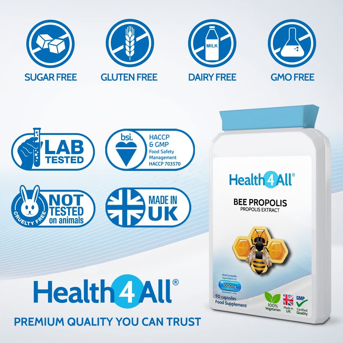 Bee Propolis High Strength 1000mg 90 Capsules (V) Immune System Booster Natural Immune Support Supplement Rich in Functional antioxidants. Made in The UK by Health4All