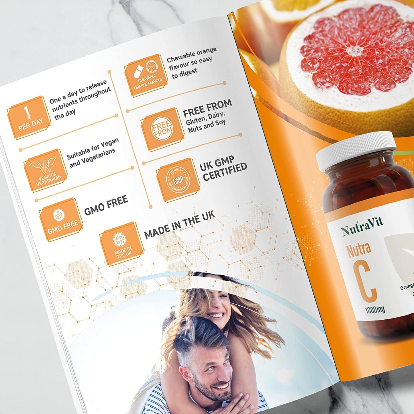 NUTRA C - Vitamin C 1000mg - 30 Chewable Tablets - High Strength Vegan Tablets - Gluten Free | Orange Flavoured - with Rosehip, Hesperidin & Acerola - Manufactured in a UK MHRA GMP Facility - NUTRAVIT