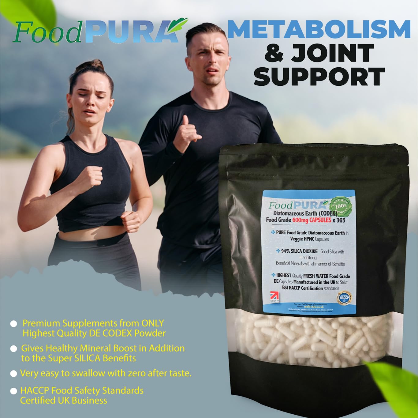 FoodPURA Food Grade Diatomaceous Earth Capsules (Codex) Pure White 94% Silica Fresh Water Sourced 600mg (365)