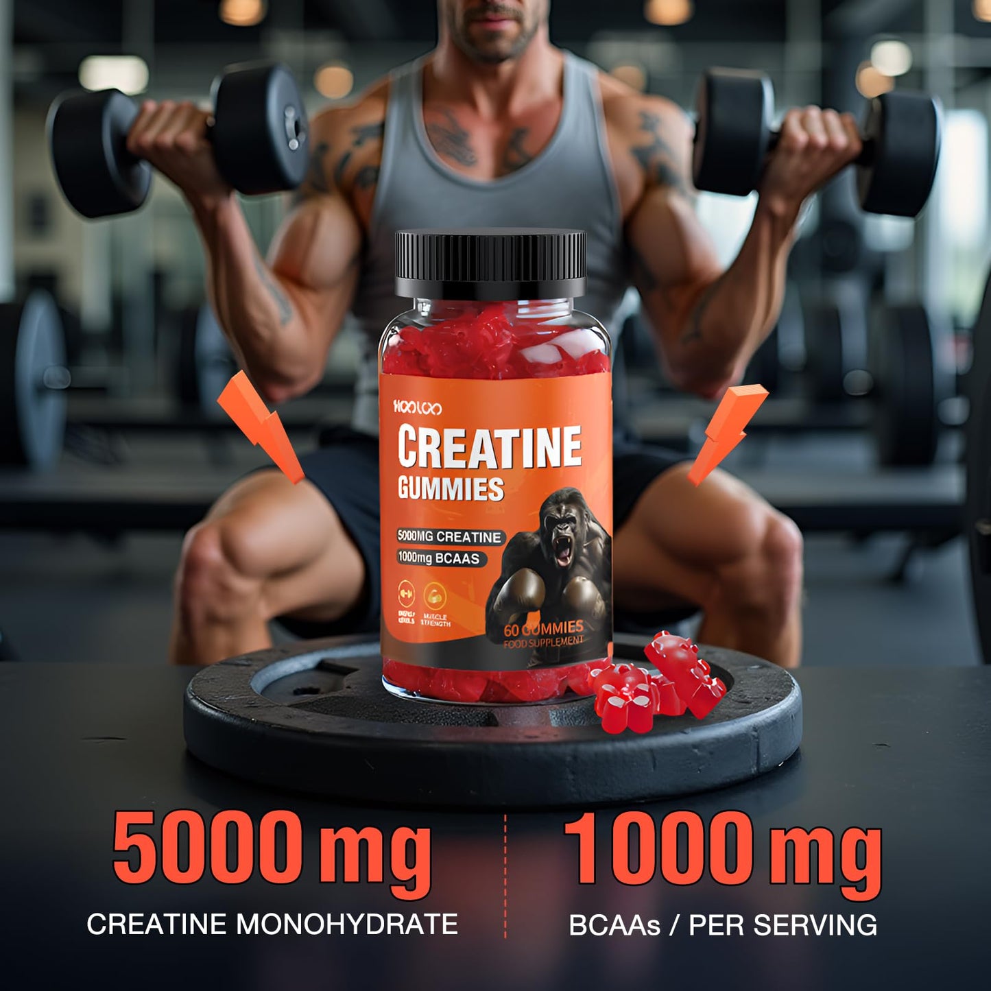 HOOLOO Creatine Gummies 5000mg Creatine Monohydrate with 1000mg BCAAs per Serving for Men & Women, Vegan & Sugar-Free, Easy Pre/Post Workout Gym Support for Performance and Muscle Power, 60 Count