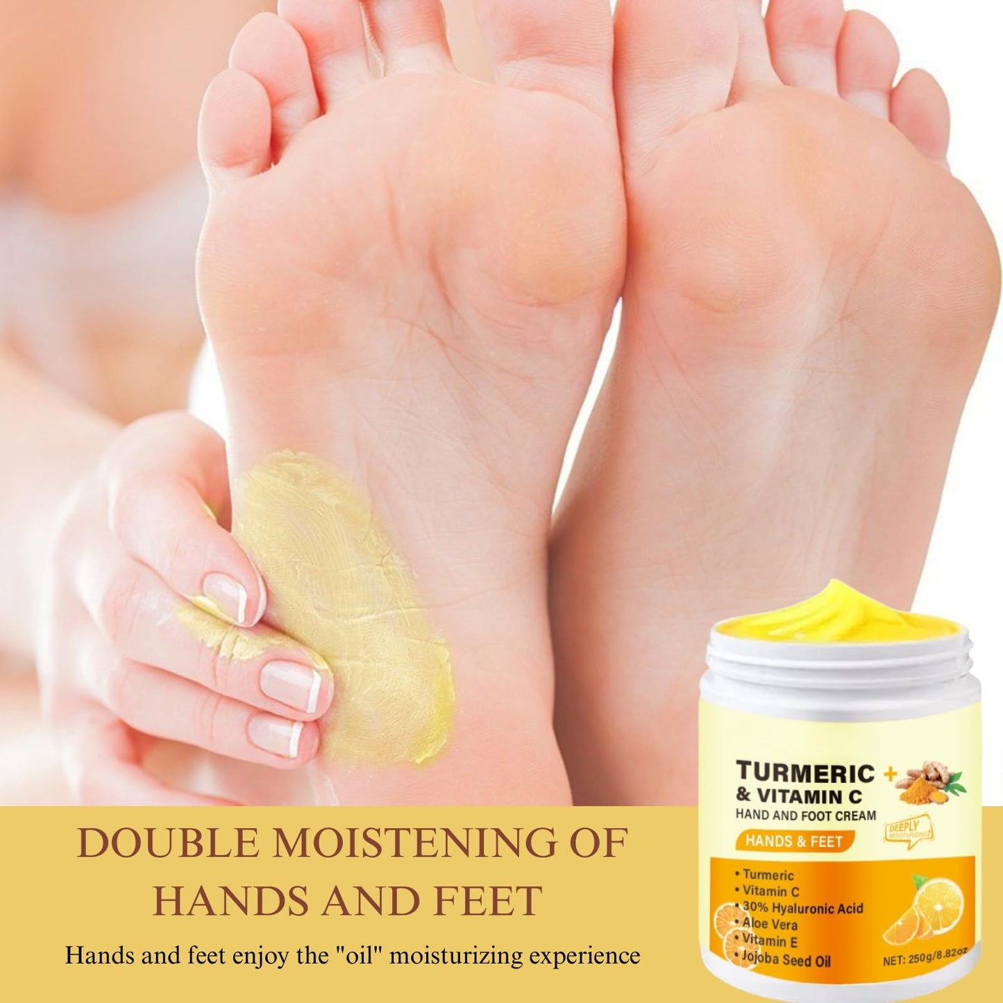 Turmeric&Vitamin C Foot&Hand Cream for Cracked Heels and Dry Skin-30% Hyaluronic Acid Hand Cream for Very Dry Feet&Hands,Hard Skin Remover,Intensive Moisturising for Cracked Skin for Women&Men,250g