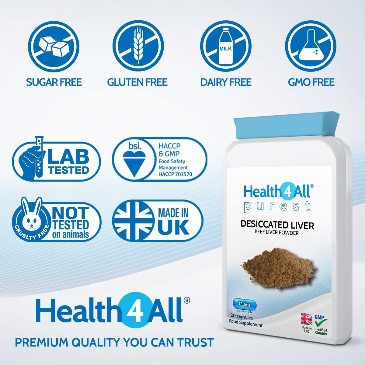 Health4All Desiccated Beef Liver 750mg 120 Capsules (V) (not Tablets) Purest - No additives. Non-defatted Natural Source of readily absorbable Vitamins and Minerals