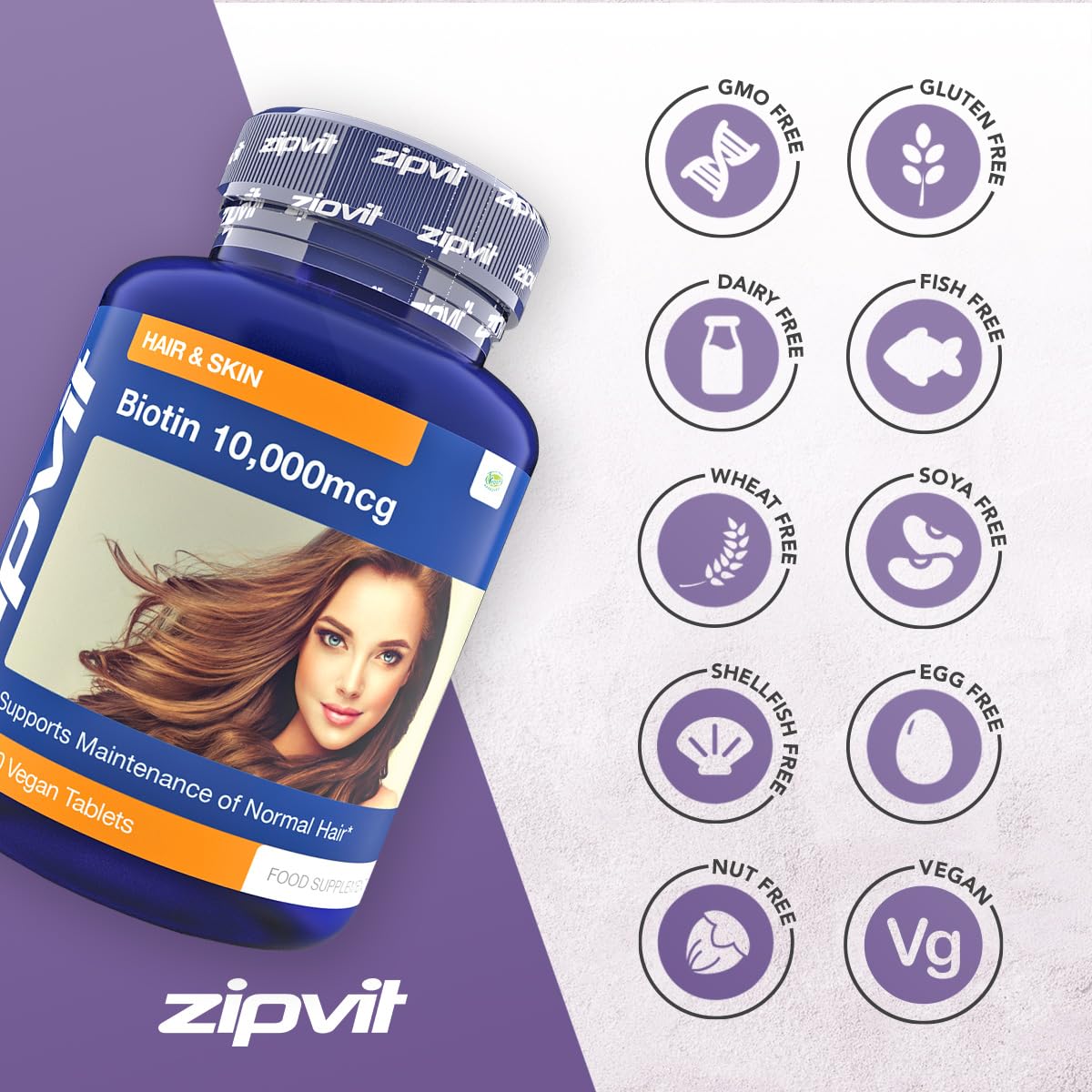 Zipvit Biotin Hair Growth Supplement 10000mcg, 180 Vegan Tablets (6 Months Supply). High Strength Biotin for Hair and Skin. Supports Hair Growth & Skin Health. Vegan Hair Vitamins for Women & Men