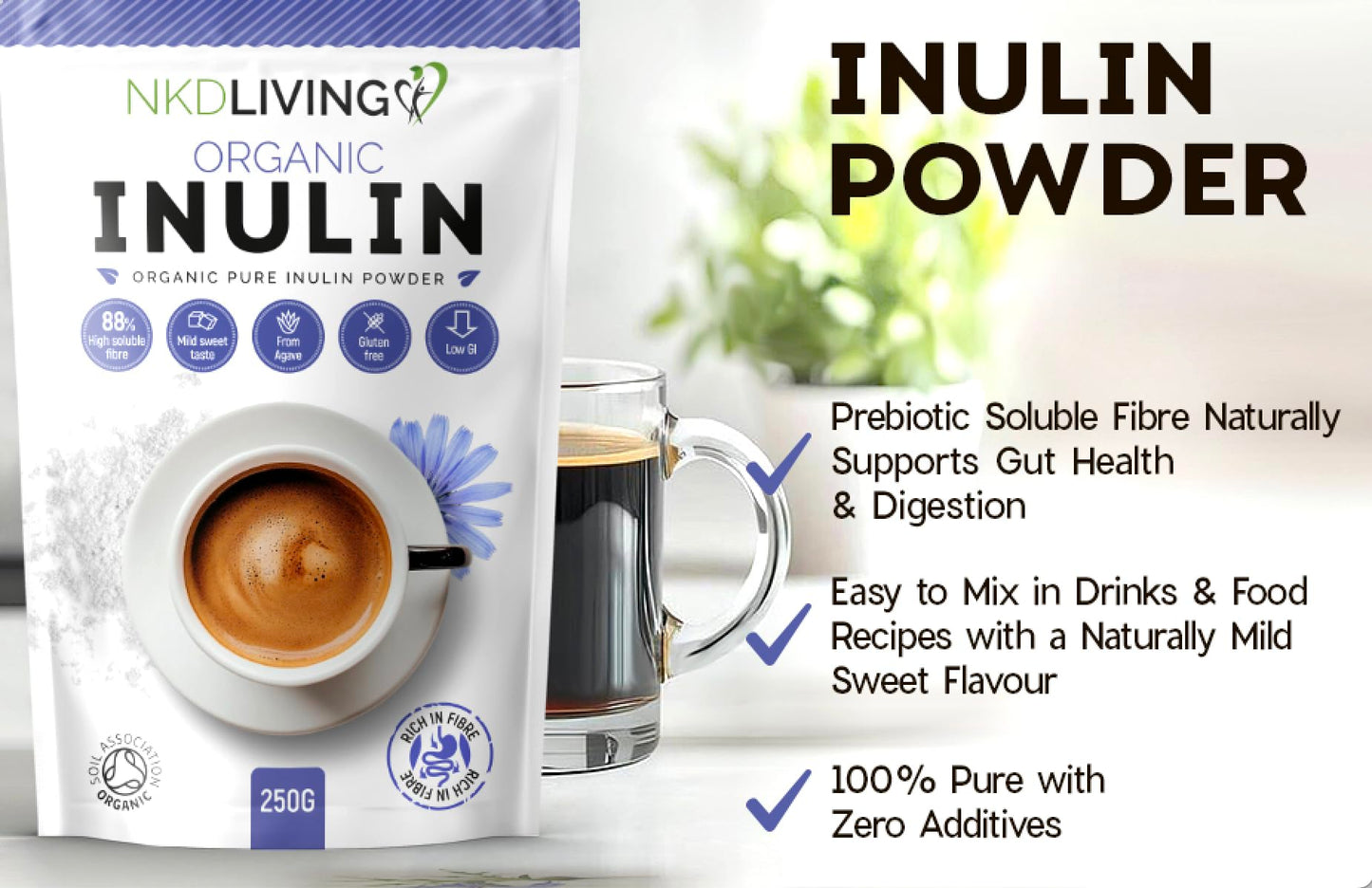 NKD Living Organic Inulin High Grade Prebiotic Fibre Powder (250g) - Fibre Prebiotic Supplement