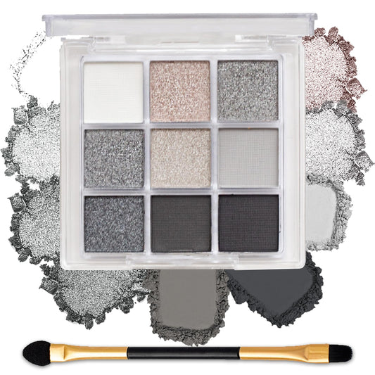 FANFALUV Black Smokey Eyeshadow Palette Makeup,9 Colors Black Silver Gray White Eye Shadow Pallets For Women,Long Lasting,Waterproof and Blendable,Make-up Palettes With Brushes-Halloween Goth Gifts(Smoky)