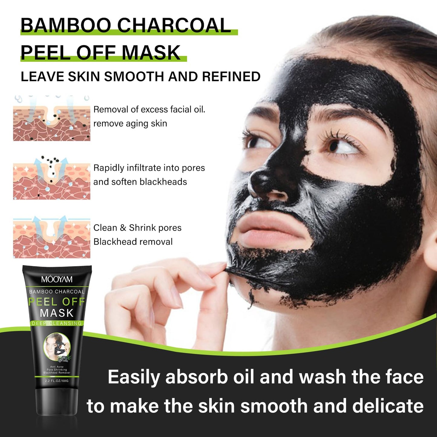 IREV Bamboo Charcoal Peel Off Mask, Blackhead Remover Peel Off Mask Charcoal Face Masks for Deep Cleansing, Blackhead Peel Off Mask for Smooth & Clear Skin Black Peel Off Face Mask Charcoal Face Mask