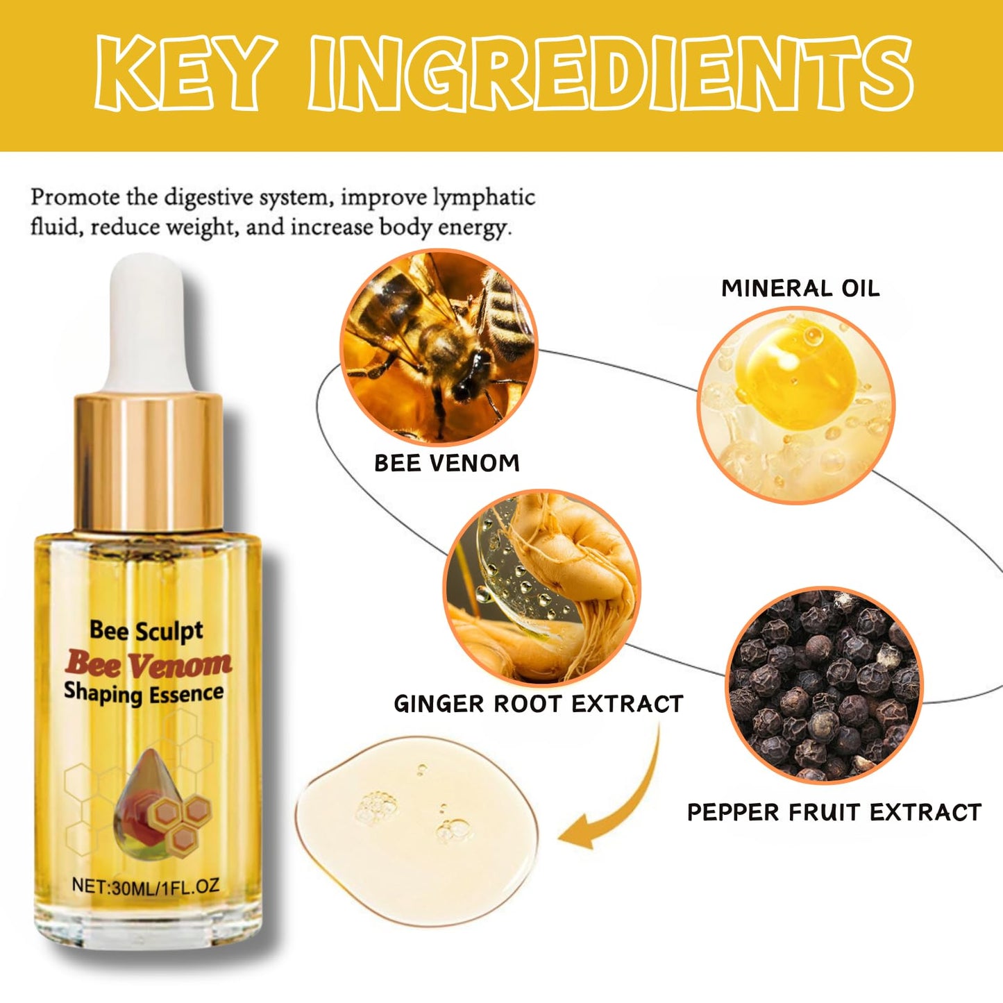 Trendyfave 3PCS Bee Venom Essence Oil Drops - Natural Belly Button & Body Oil for Lymphatic Drainage, Relaxation, Detox Formula, Skin Care, Digestive Support - Fast-Absorbing Pure Oil for Holistic Wellness