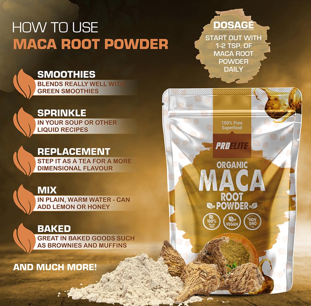 Organic Maca Root Powder 500g Supports Immunity | Premium Macaroot Superfood Super Greens Performance & Endurance Powder | Vegan Pure Peruvian Zero Additives Maca Powder by PROELITE