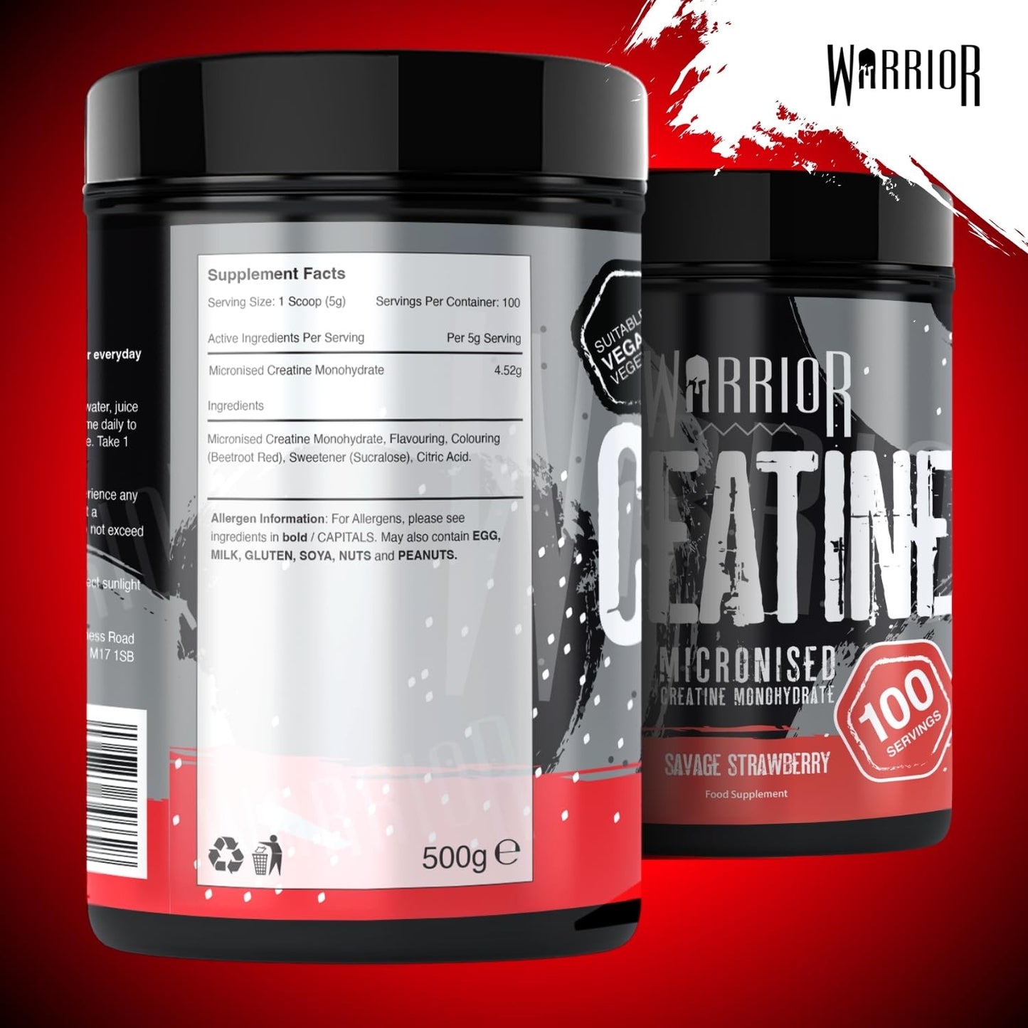 Warrior Creatine Monohydrate Powder 500g – Micronised for Easy Mixing and Consumption – Proven to Improve Physical Performance/Recovery, 5g Servings (Savage Strawberry)