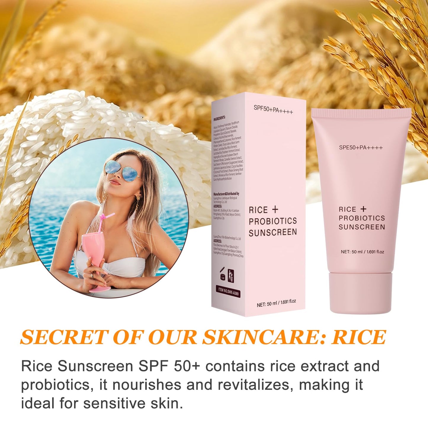 BoloShine Rice Sunscreen SPF 50+, Probiotics Rice Moisturizing Suncream for Face Body, Protects & Brightens Skin, Reduces Blemishes, Non-Greasy, For All Skin Types(50g/1.69oz.)