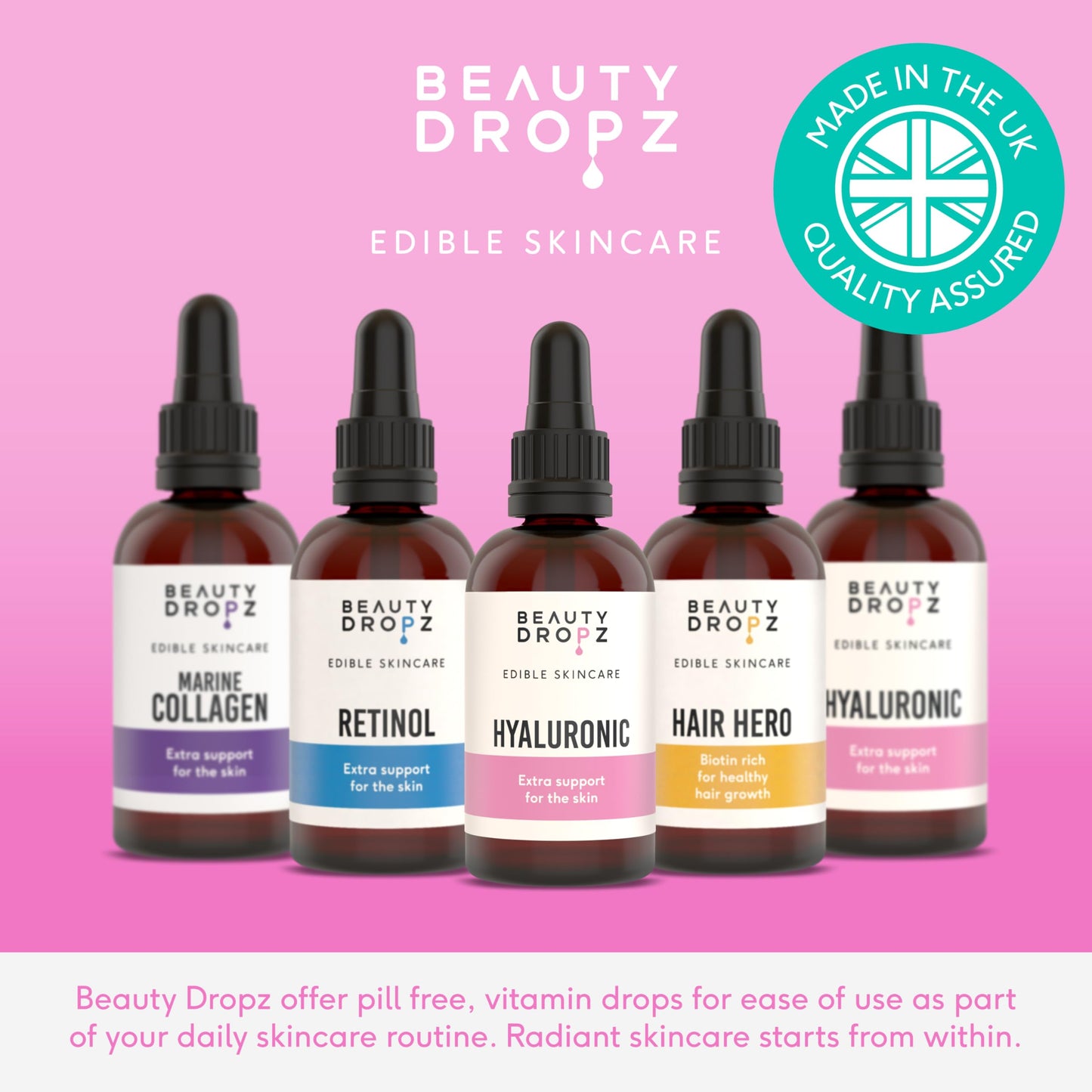 Beauty Dropz Hyaluronic Oral Skin Care Drops – Radiant Skin – Vitamin C – Plumping Support – Vitamin B5 / Vegan Liquid Supplement with Zinc & Glycerine – Berry Flavour – 60ml