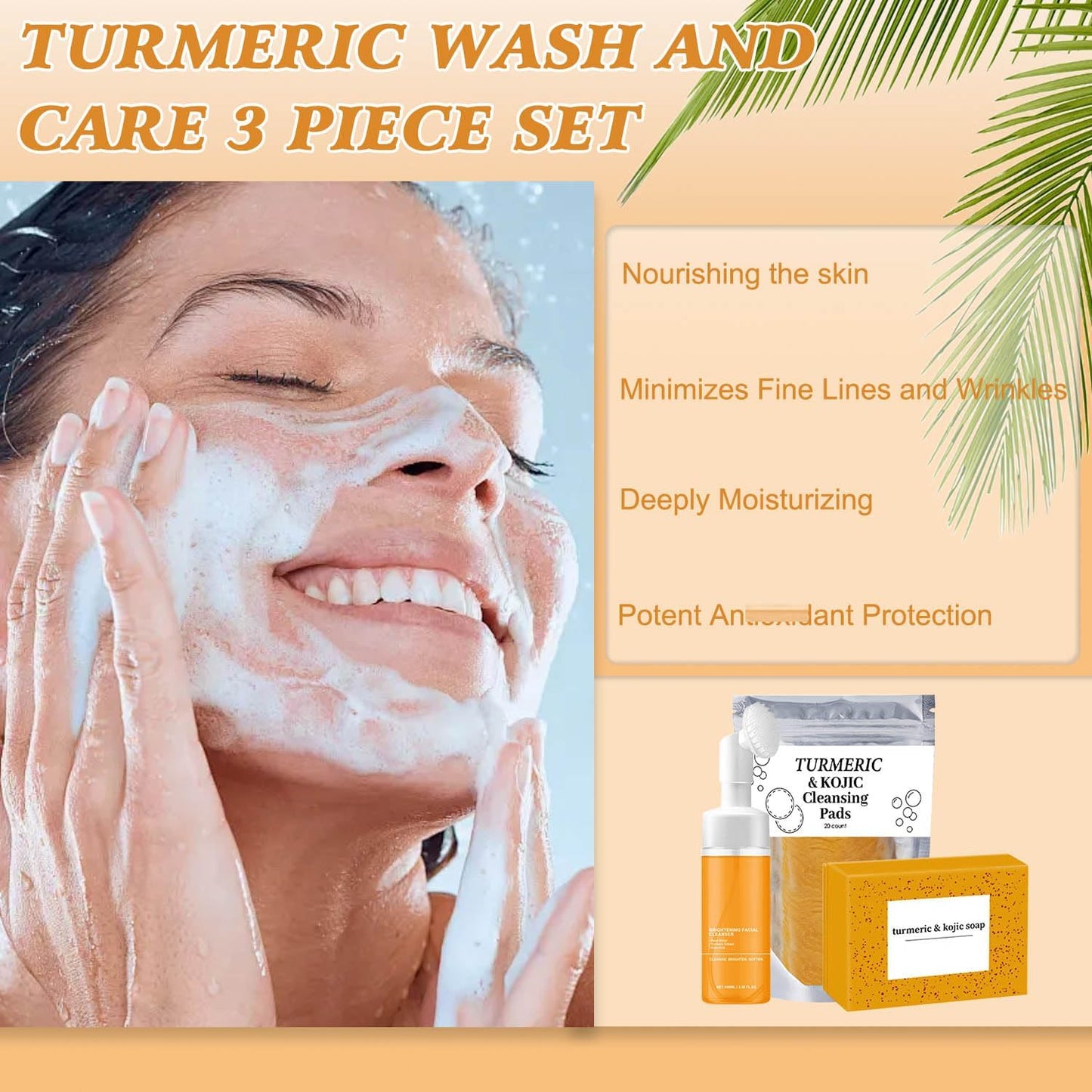 KoolShiro Turmeric Wash and Care Three Piece Set,Tuemeric Facial Cleanser & Turmeric Soap Bar & Turmeric Face Scrub Pads, Turmeric Cleansing Skincare Set for Face & Body, Deep Cleansing