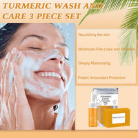 KoolShiro Turmeric Wash and Care Three Piece Set,Tuemeric Facial Cleanser & Turmeric Soap Bar & Turmeric Face Scrub Pads, Turmeric Cleansing Skincare Set for Face & Body, Deep Cleansing