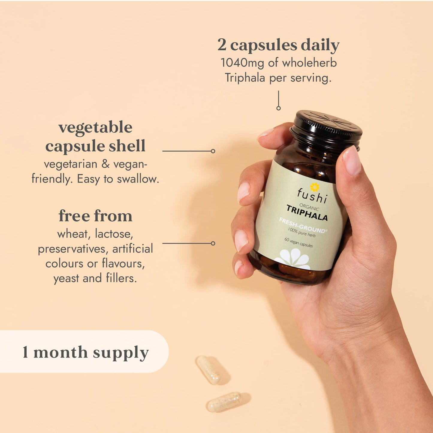 Fushi Organic Triphala Capsules, 60 Caps | Fresh-Ground Whole Food | Body Tonic, Cleansing & Detoxifying the system, Regulating Digestive System | Ayurvedic Medicine| Ethical & Vegan |Made in the UK
