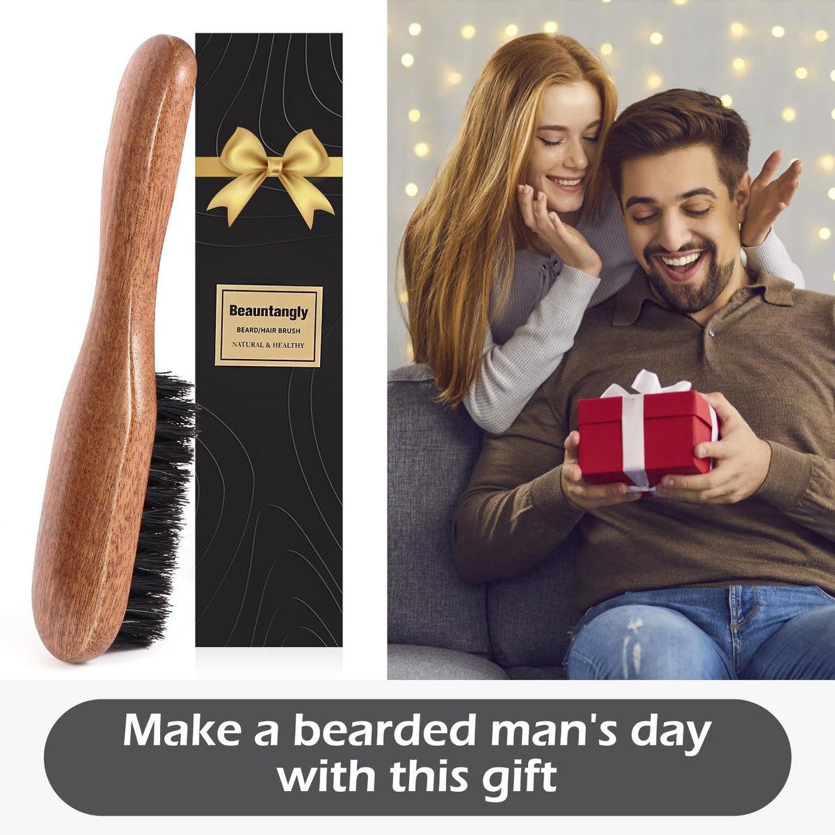 BEAUNTANGLY Beard Brush, 100% Real Wild Boar Bristle Walnut Wood Beard & Mustache Comb Brush for Men’s Beard Grooming and Care, Gift for Men to Straighten and Promote Beard Growth