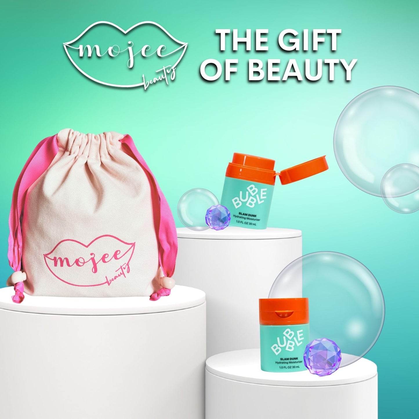 Skincare Bundle with 2 x Bubble Skincare Slam Dunk Hydrating Moisturiser 30ml - Aloe Vera Juice + Vitamin E + Avocado Oil + Niacinamide and Mojee Beauty Canvas Bag