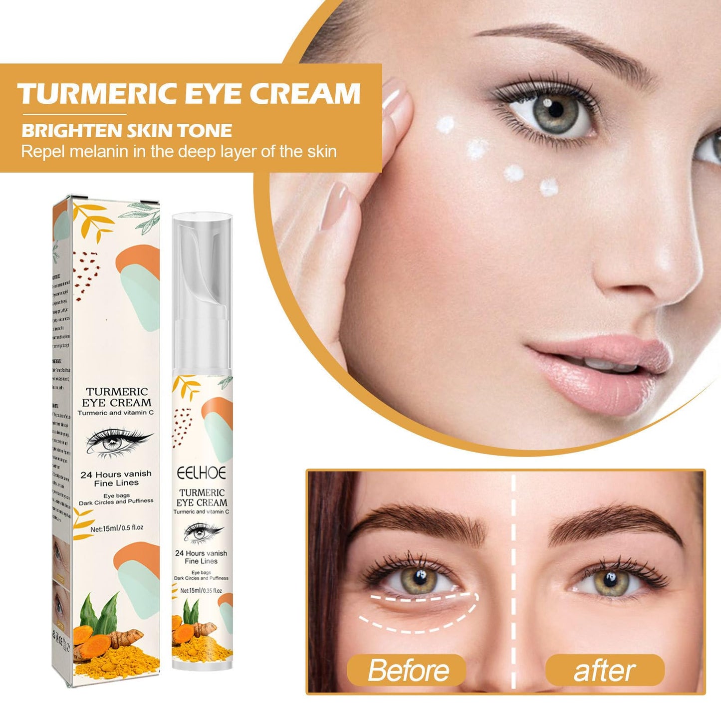 QUIWEN Turmeric Eye Cream, Turmeric Under Eye Cream, Eye Bags Remover, Anti Wrinkle Eye Cream, Firming Eye Cream, For Puffy Eyes, Moisturizes Eye Area