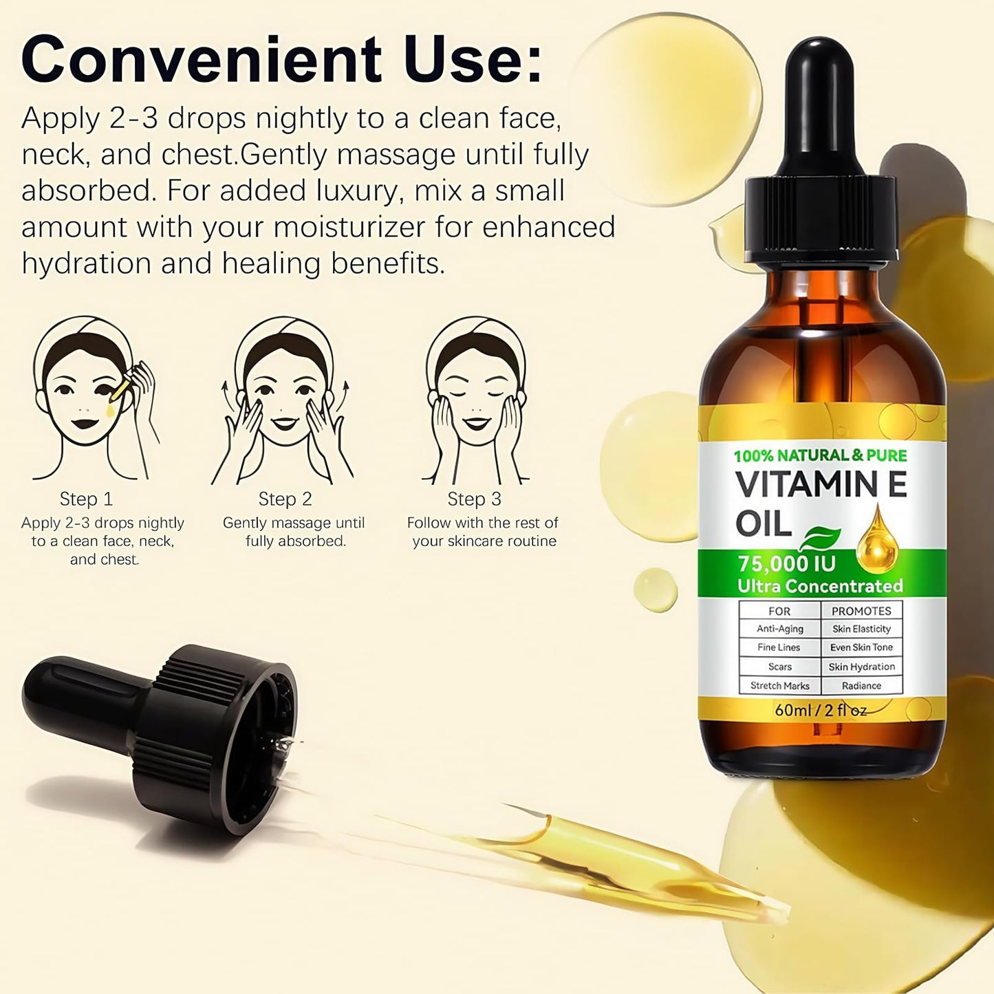 AuraBeen Vitamin E Oil with Jojoba for Face, Skin, Hair, Cuticle & Scars - Cold Pressed, Gentle Moisturizing & Repair Solution, Fast Absorbing, Firming Skin, Fill Fine Lines(2 Fl Oz)