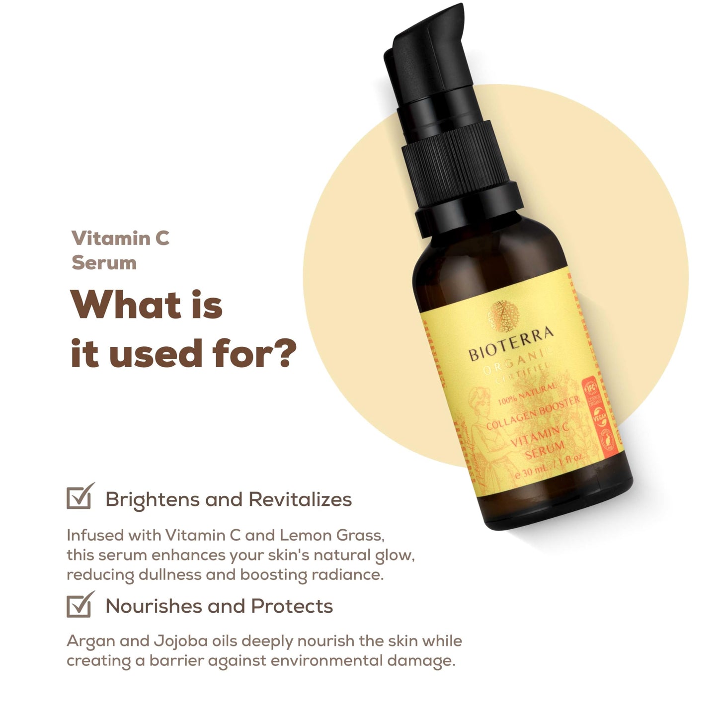 BIOTERRA Bioterra Organic Collagen Booster Vitamin C Serum, 100% Natural, Antioxidant, Skin Brightening, 30ml