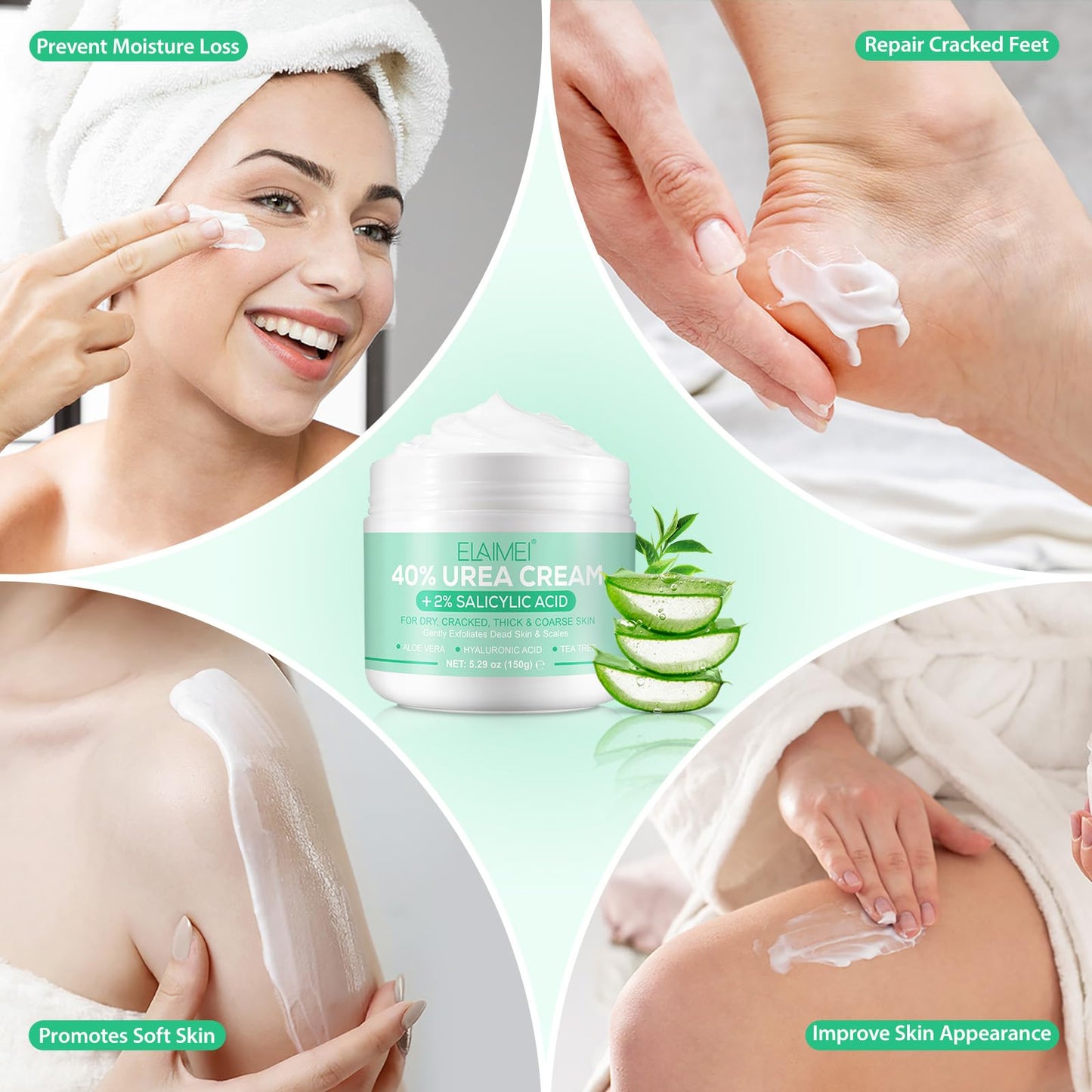 Generic 40% Urea Cream Plus 2% Salicylic Acid - Hyaluronic Acid,Tea Tree,and Aloe Vera Foot Cream Deep Moisturizes Urea Cream for Foot and Hand Maximum Strength - Callus Remover for Cracked Feet, Heels