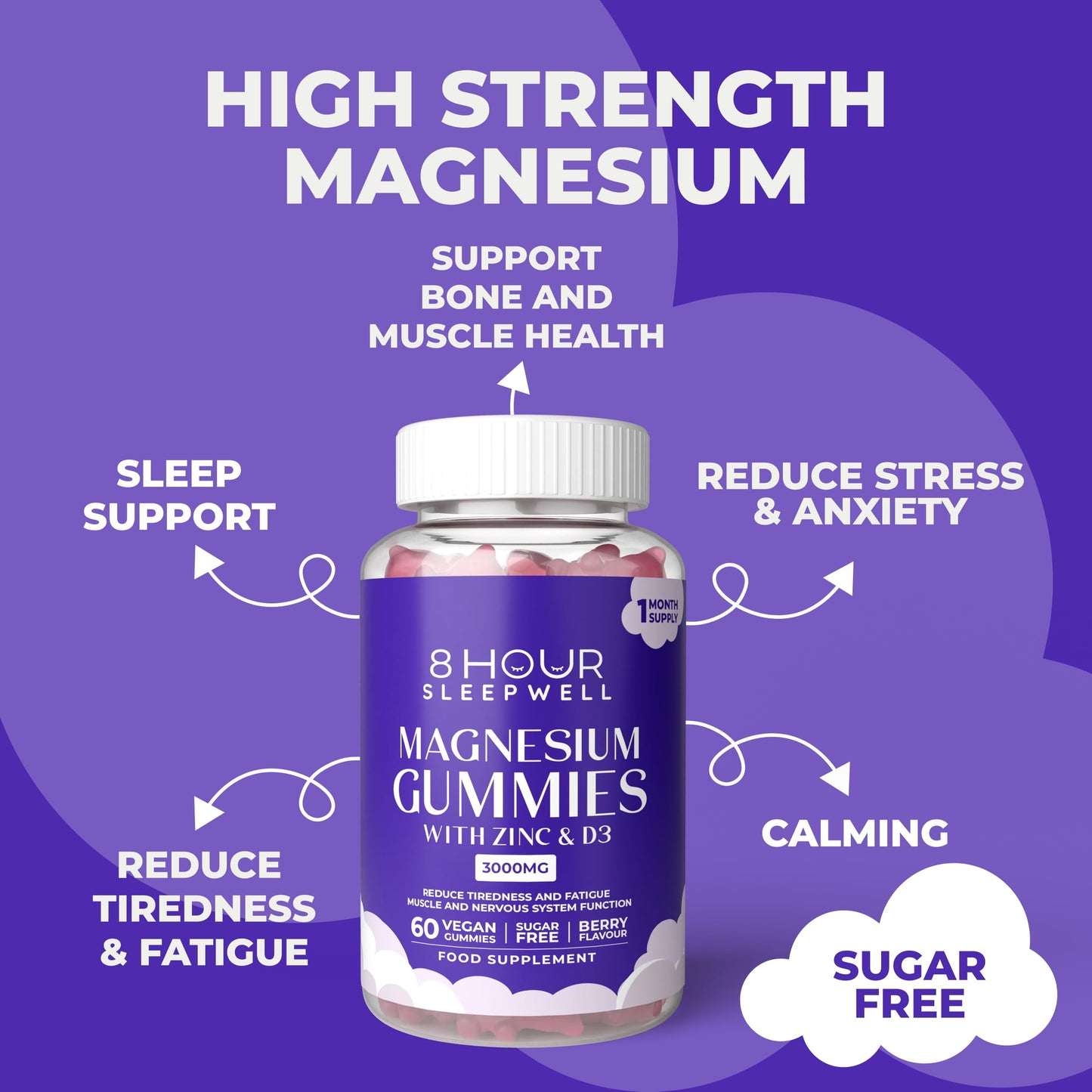 8 Hour Sleepwell 60 Vegan Chewable Magnesium Gummies for Adults -3000mg High Strength - Magnesium Citrate, Zinc & Vitamin D3-330mg Elemental Magnesium for Sleep, Muscle & Bone Support - by 8 HOUR SLEEPWELL