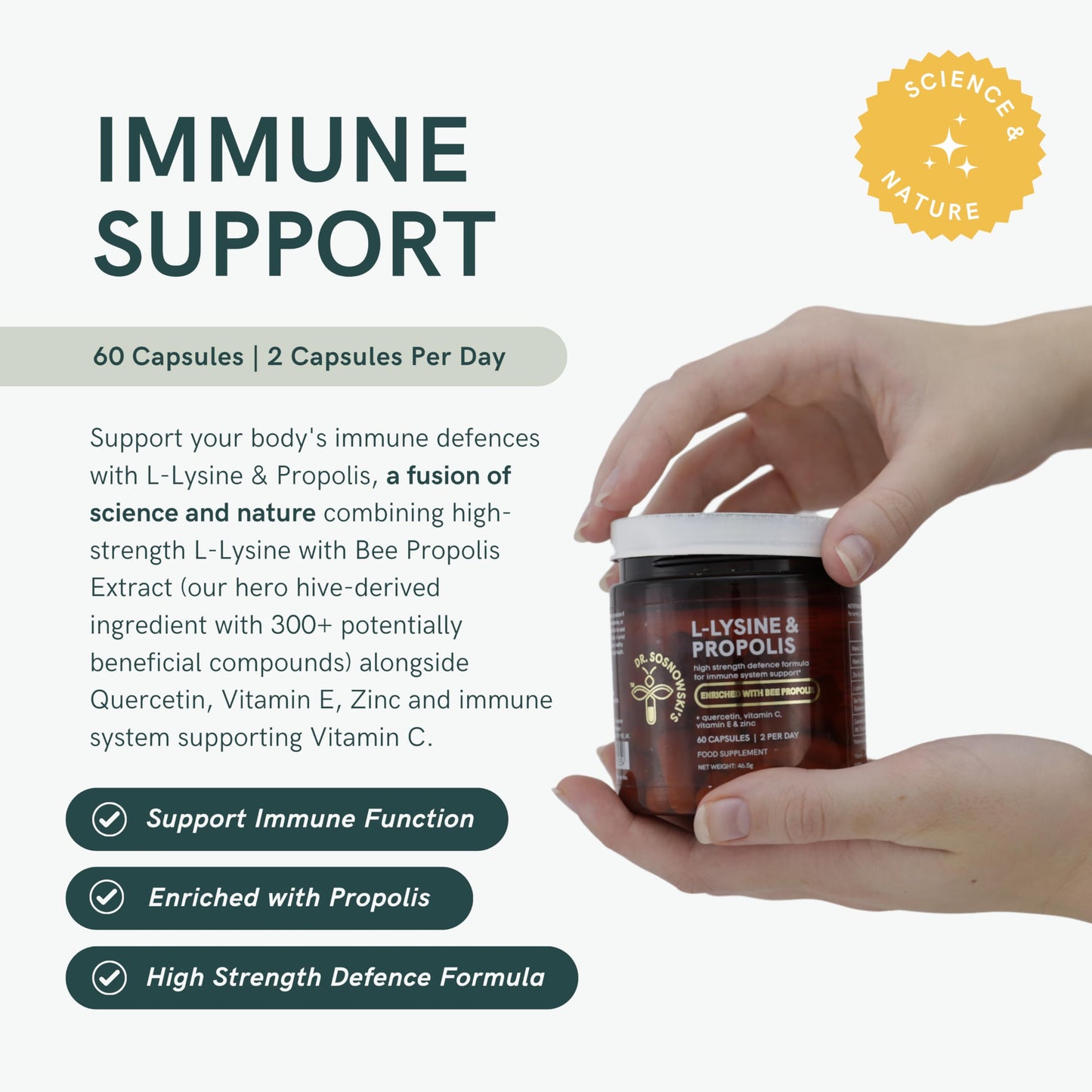 Dr. Sosnowski's L-Lysine & Propolis Supplements | High Potency L Lysine Immune Support Formula with 5:1 Propolis Extract, Quercetin, VIT C, VIT E and Zinc