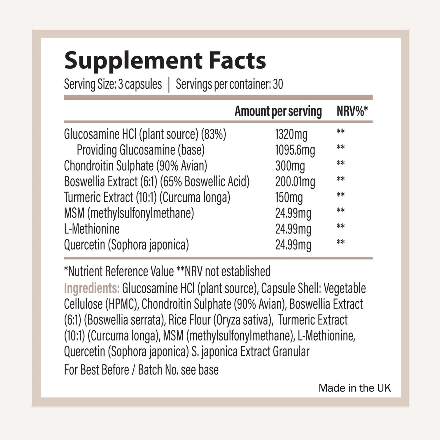 VITAVERUS Glucosamine Complex with Boswellia, Chondroitin, Turmeric, MSM & Quercetin, 90 Capsules