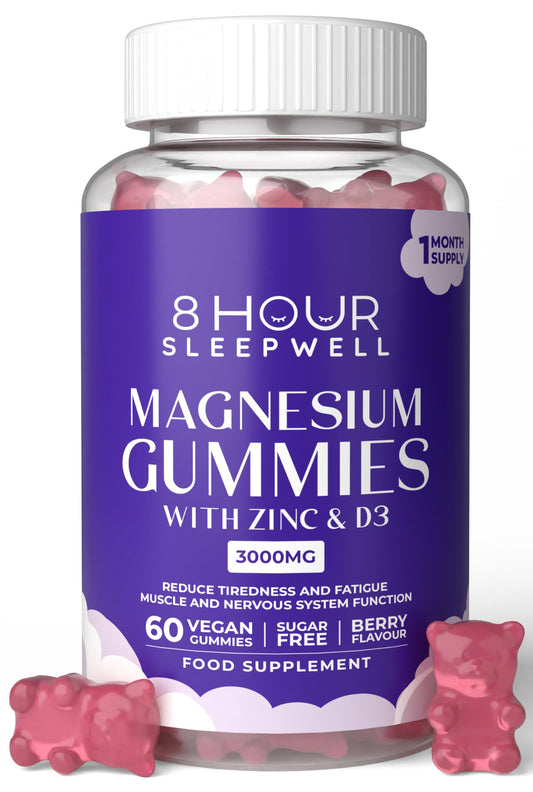 8 Hour Sleepwell 60 Vegan Chewable Magnesium Gummies for Adults -3000mg High Strength - Magnesium Citrate, Zinc & Vitamin D3-330mg Elemental Magnesium for Sleep, Muscle & Bone Support - by 8 HOUR SLEEPWELL