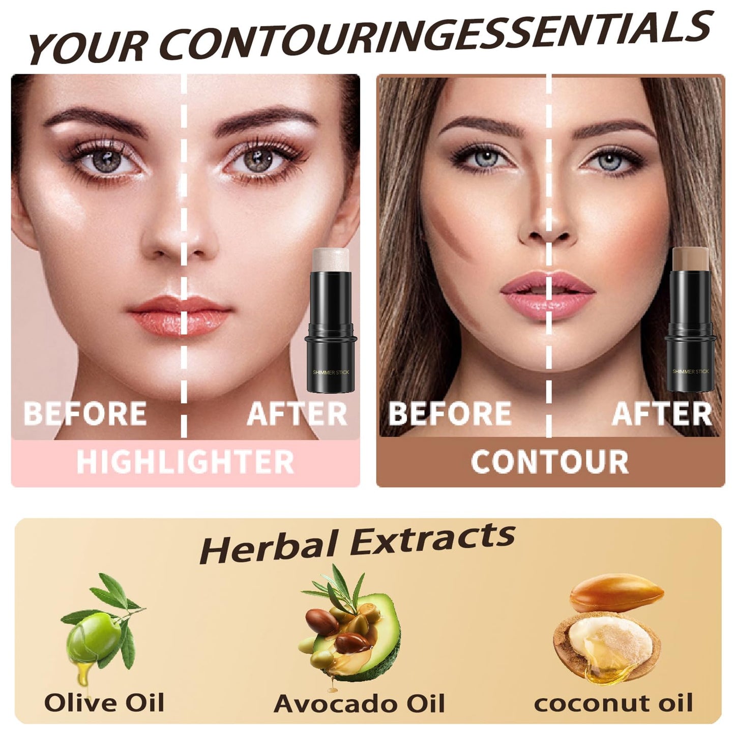 YUYUE-YY Highlighter Makeup Contour Stick, Highlighter Contour Bronzer Wand, Face Brightens Contour Stick for Long-Lasting & Waterproof. Face Make-up & Body Contour Highlight Makeup Illuminator (1#+9#)