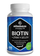 Biotin Hair Growth 10.000 mcg Complex - with Selenium and Zinc - 480 Days Supply for Hair, Skin and Nails - 480 Vegan Tablets - German Quality - Vitamaze®