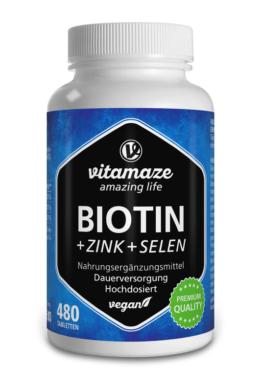 Biotin Hair Growth 10.000 mcg Complex - with Selenium and Zinc - 480 Days Supply for Hair, Skin and Nails - 480 Vegan Tablets - German Quality - Vitamaze®