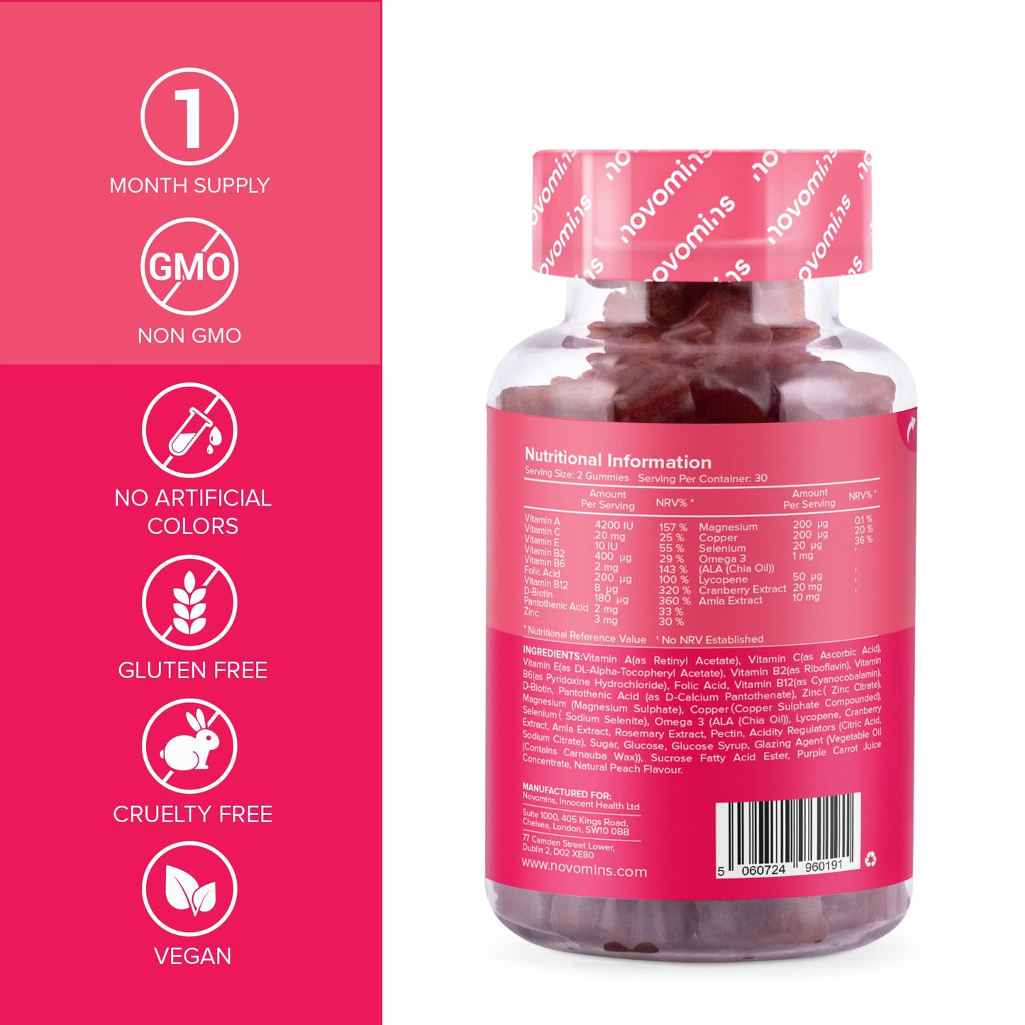 Multivitamin Gummies - 17 Essential Multi Vitamins – Chewable Gummy Vitamins - 1 Month Supply - Vegan – Peach - for Women & Men – Multivitamin Gummies by Novomins
