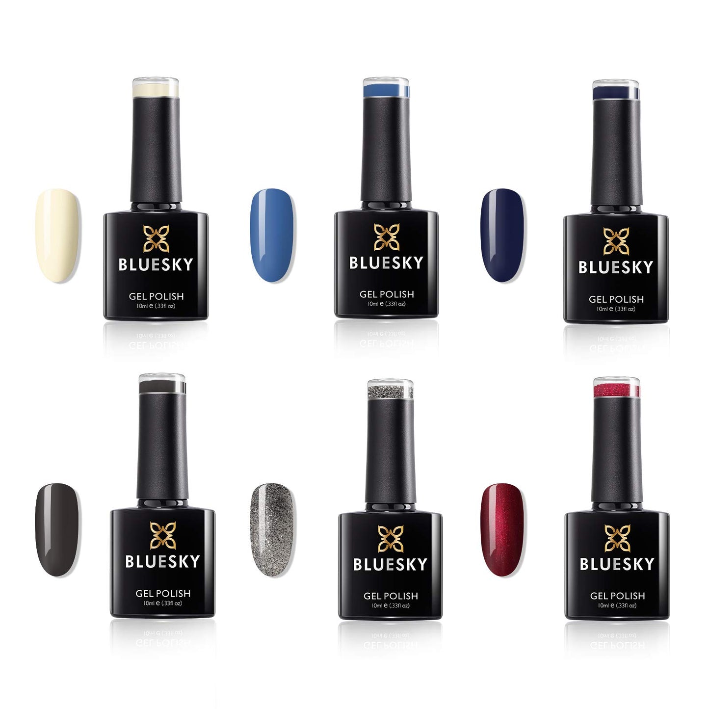 BLUESKY Bluesky Gel Nail Polish Set, AW2020, Lady Snow Autumn and Winter 2020 Collection, 6 x 10 ml Red, Cream, Grey, Blue, Navy, Silver, Glitter (Requires curing under UV/LED Lamp)