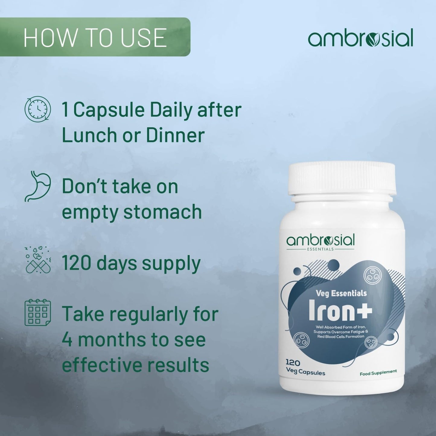 AMBROSIAL Ambrosial Iron Capsules 25mg - High Strength Supplements for Women & Men - Blood Support for Tiredness & Fatigue - Non-Constipating, Enhanced Absorption - Vegan, Gluten Free - 120 Iron Capsules