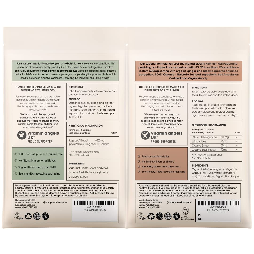 INNOPURE Super Sage + Ashwagandha KSM-66® Natural Relief of Perimenopause and Menopause Symptoms (100% Pure - No Fillers or Binders) Menopause Supplements Duo Pack (2 Month Supply) UK Made