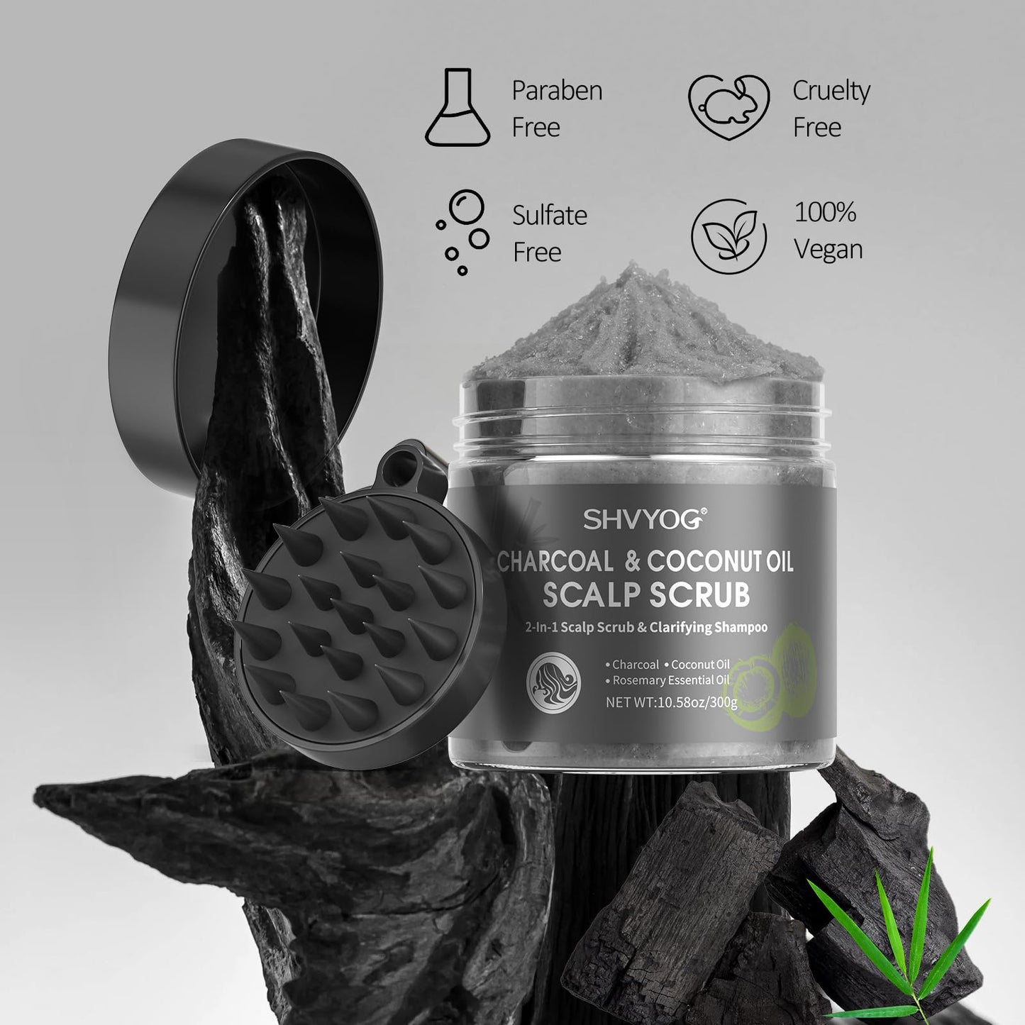 Scalp Scrub, SHVYOG Bamboo Charcoal Scalp Exfoliator, Coconut Oil Scalp Exfoliator Scrub for Build Up, Hair Treatment Nourishing Detox Hair Care with Scalp Massager, 10.58 oz