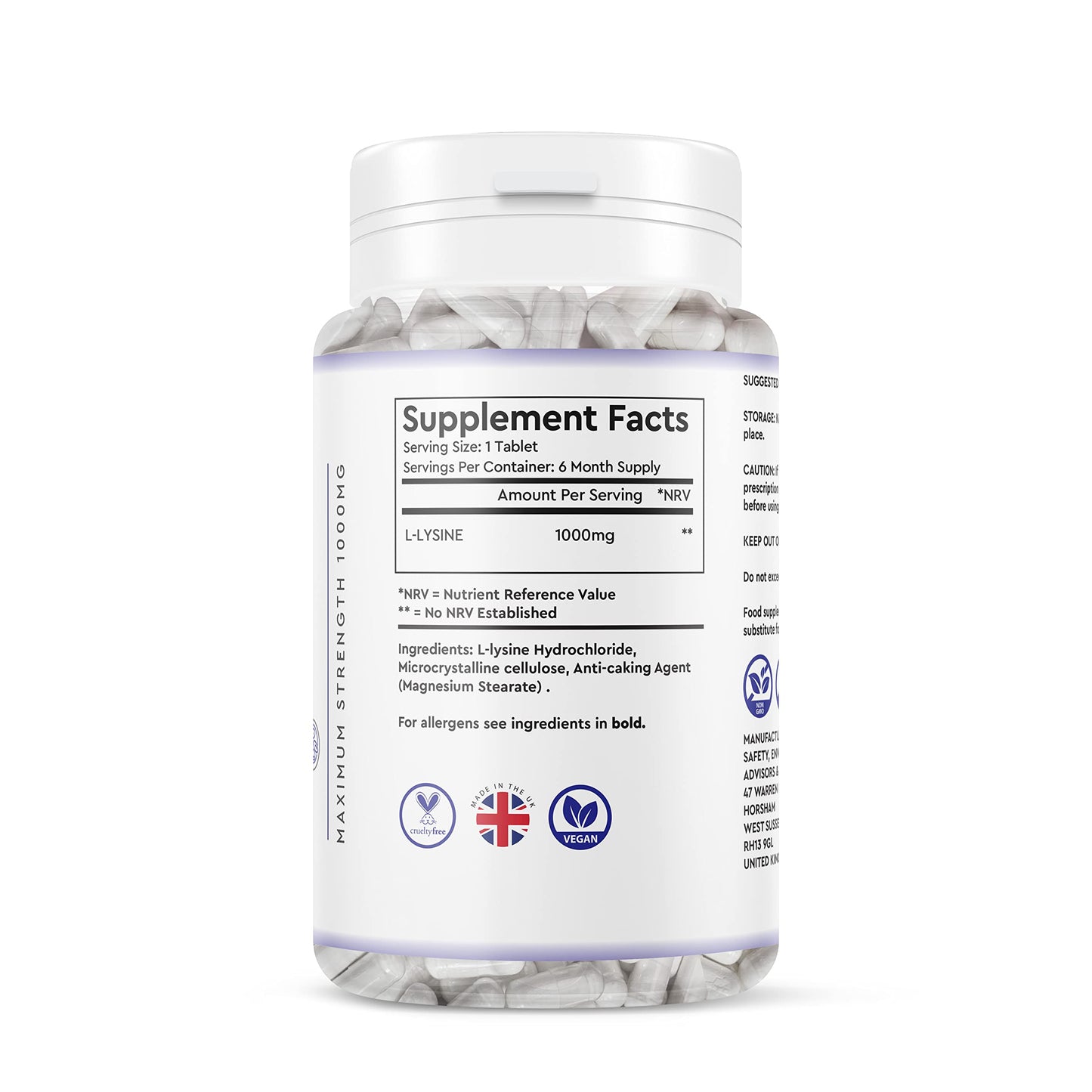 Generic L-LYSINE 1000MG - 180 Vegan Tablets - 6 Month Supply - High Strength Essential Amino Acid
